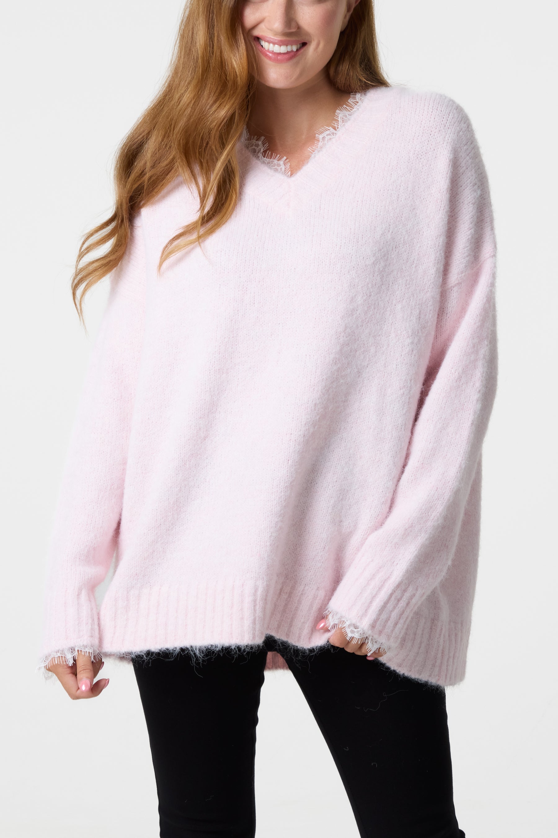Lace Trim Fluffy Knit V-Neck Jumper