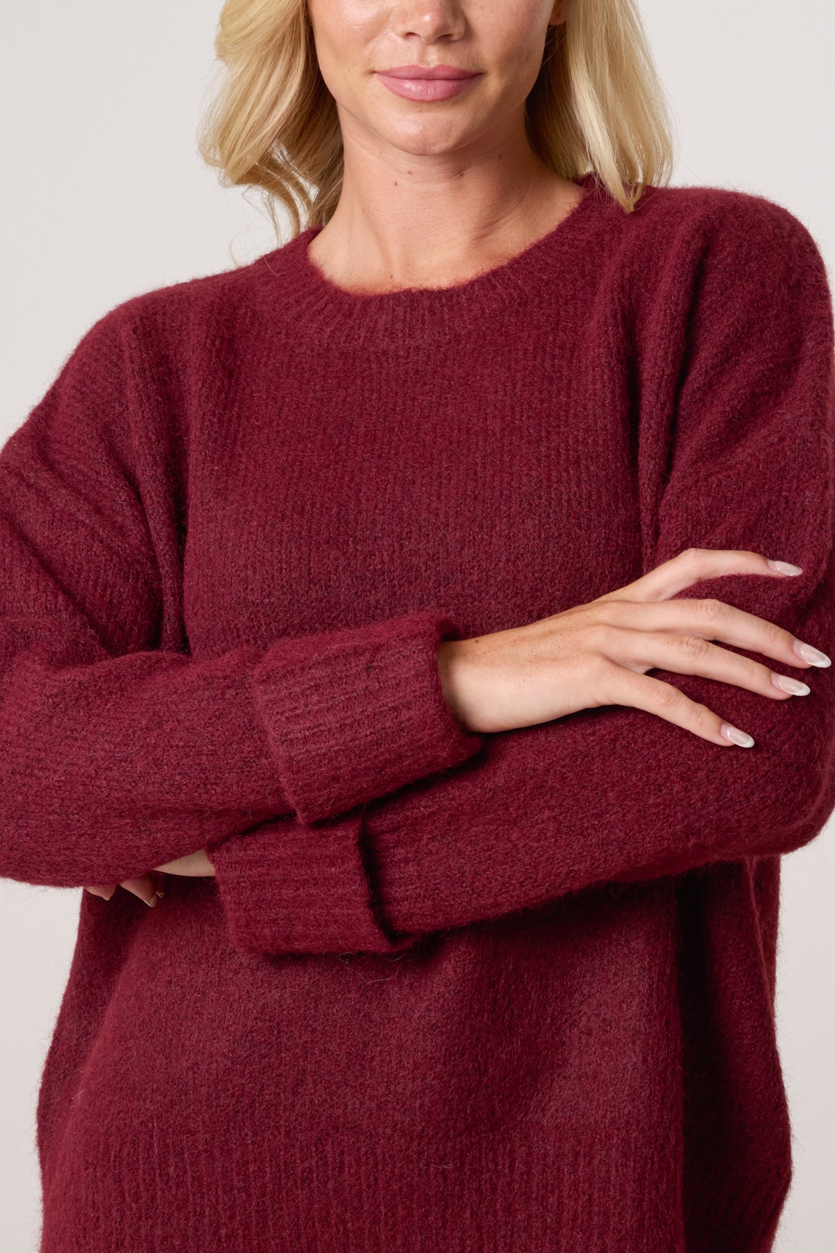 Roll Sleeve Crew Neck Knit Jumper