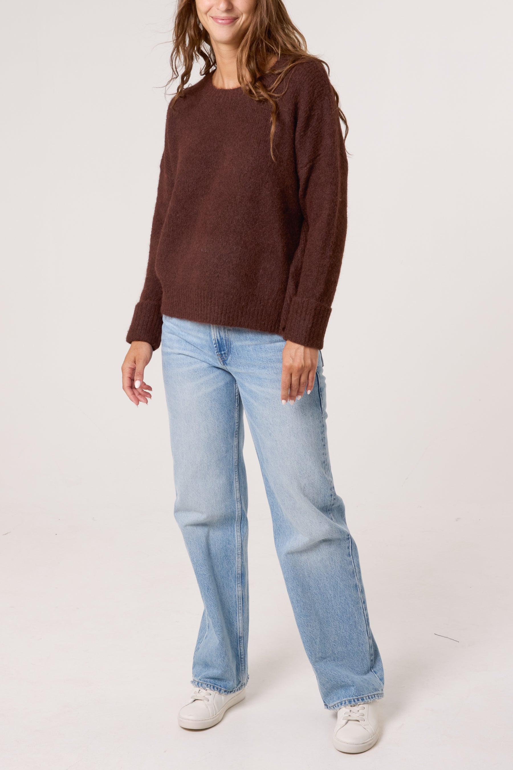 Roll Sleeve Crew Neck Knit Jumper