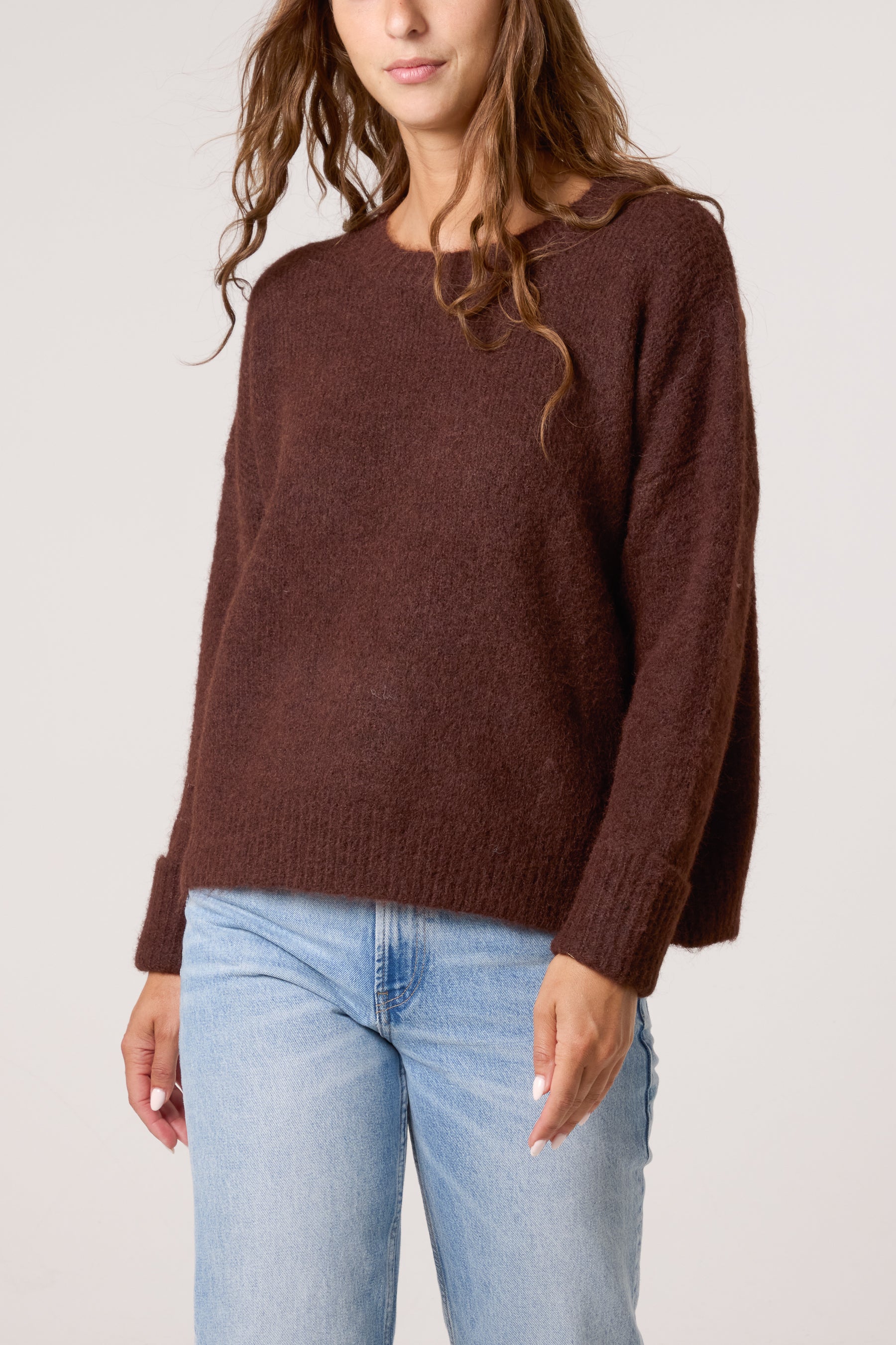 Roll Sleeve Crew Neck Knit Jumper