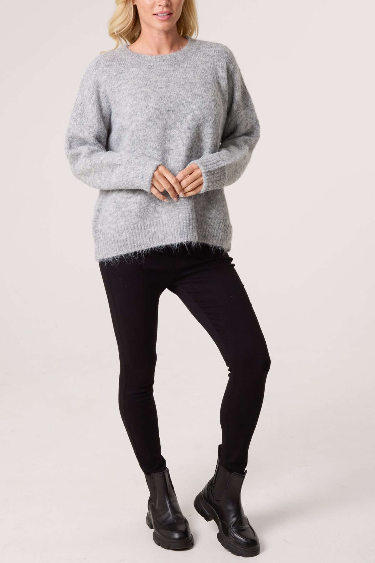 Roll Sleeve Crew Neck Knit Jumper