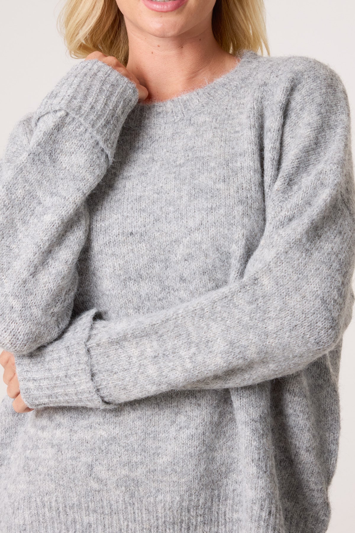 Roll Sleeve Crew Neck Knit Jumper