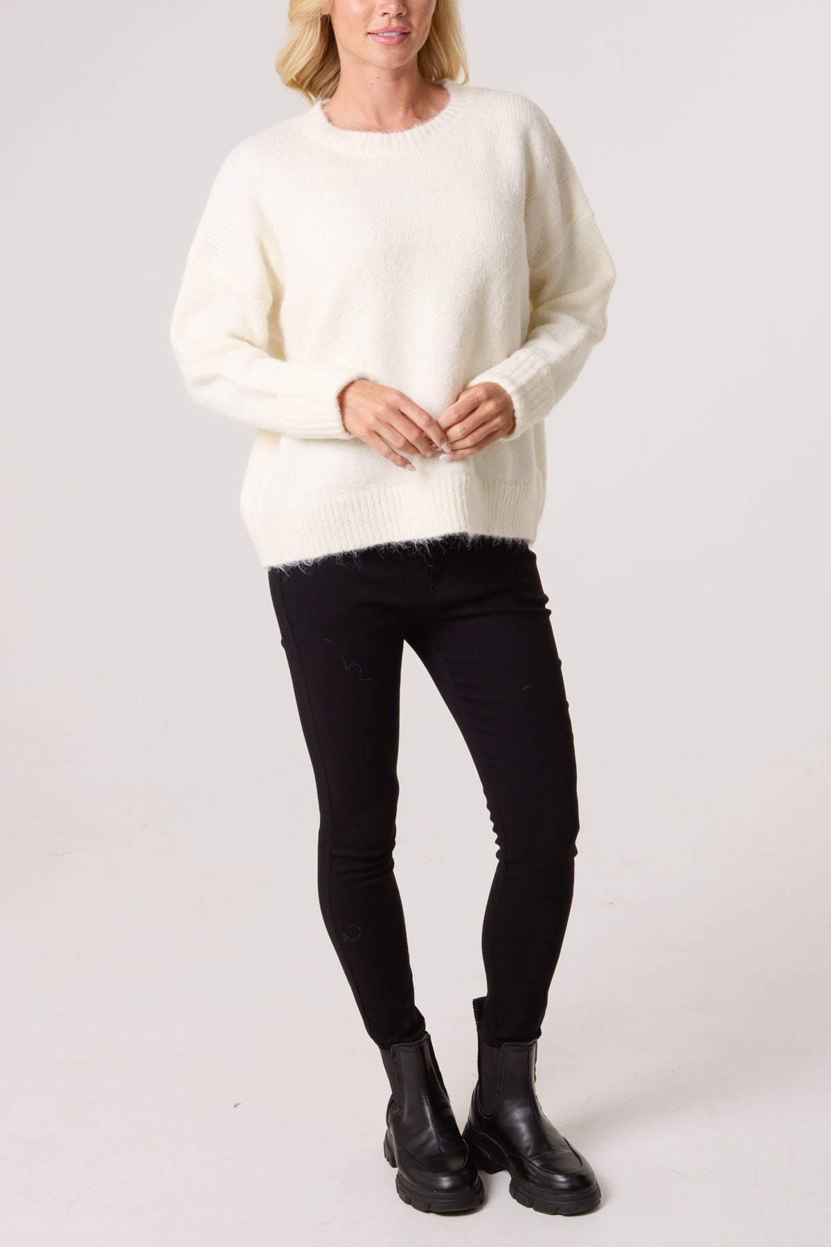 Roll Sleeve Crew Neck Knit Jumper