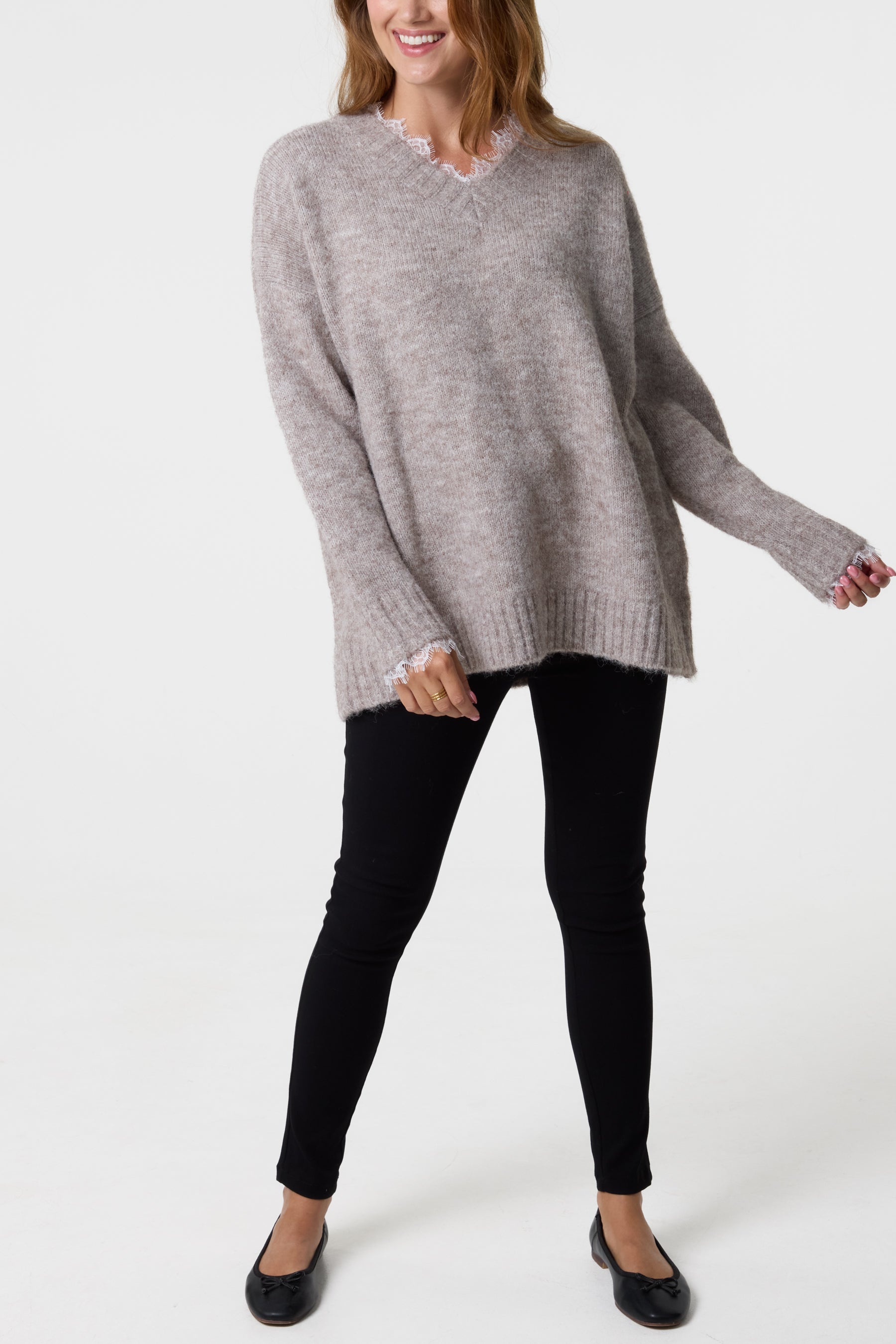 Lace Trim Fluffy Knit V-Neck Jumper