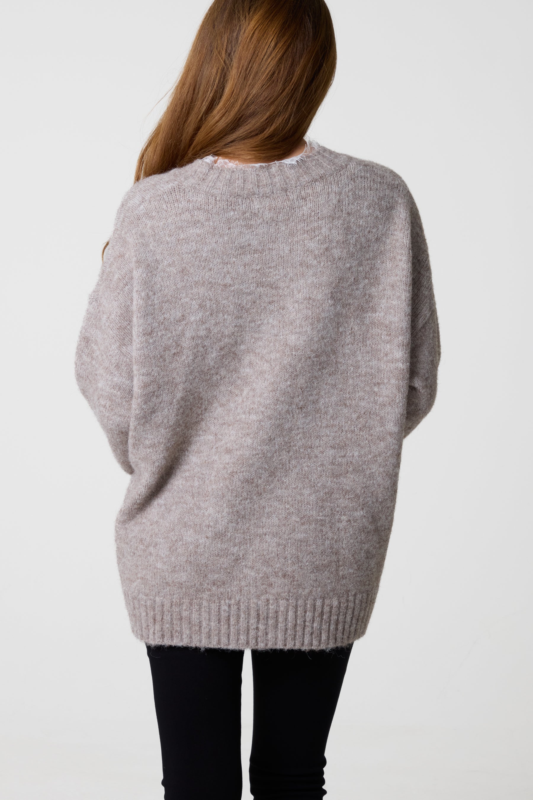 Lace Trim Fluffy Knit V-Neck Jumper