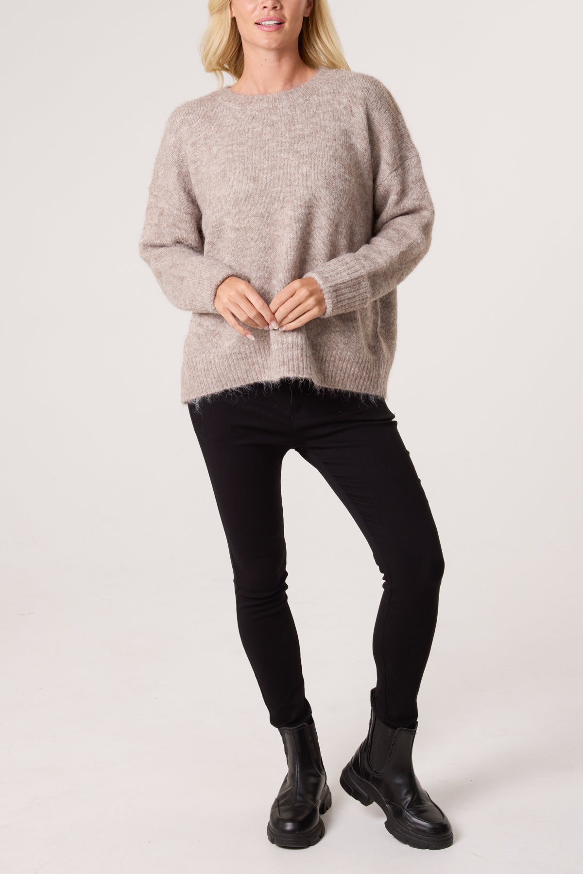 Roll Sleeve Crew Neck Knit Jumper