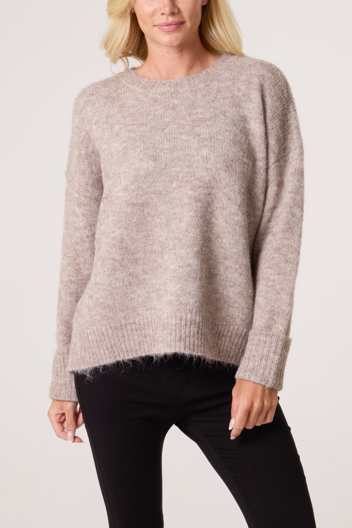 Roll Sleeve Crew Neck Knit Jumper