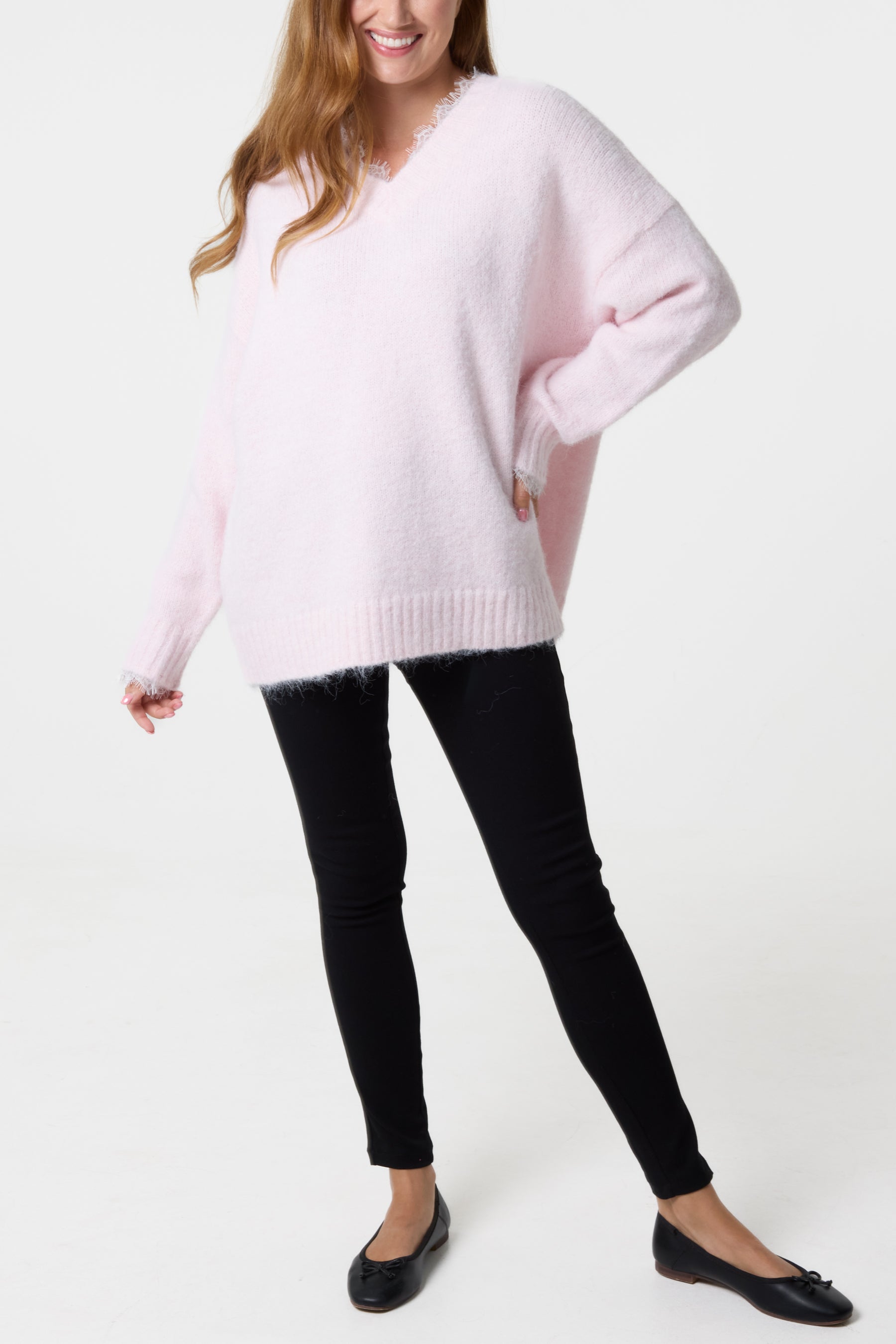Lace Trim Fluffy Knit V-Neck Jumper
