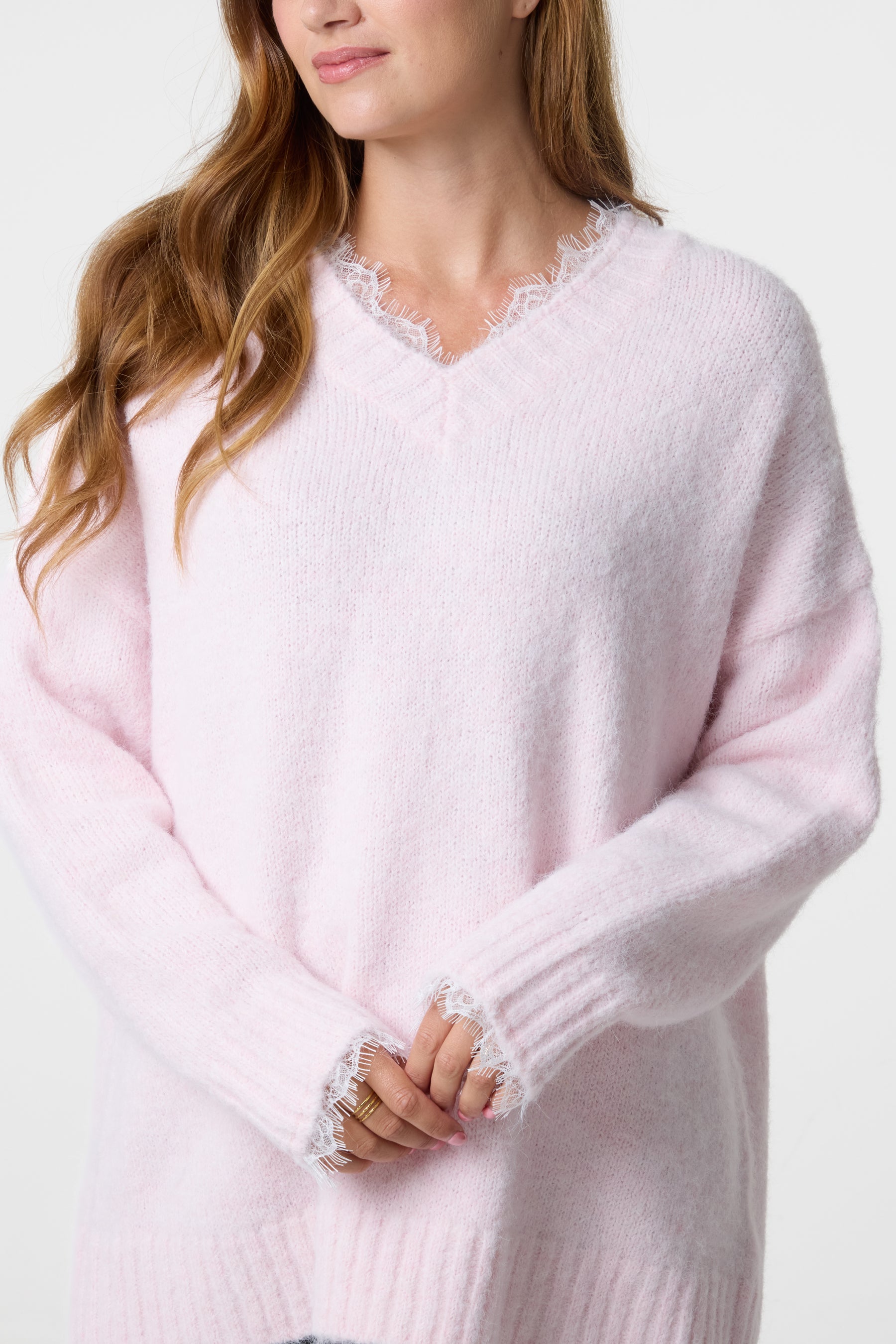 Lace Trim Fluffy Knit V-Neck Jumper