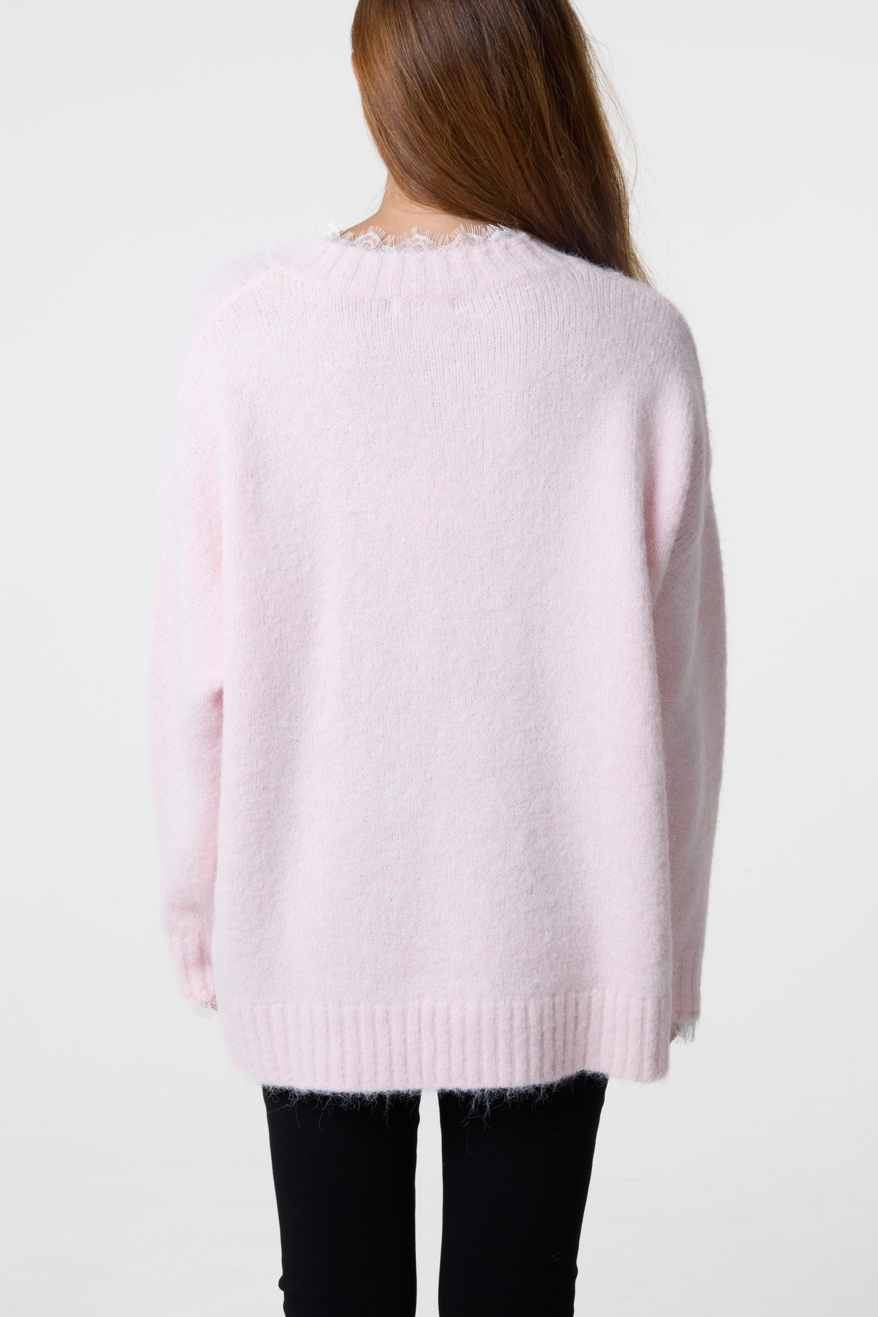 Lace Trim Fluffy Knit V-Neck Jumper
