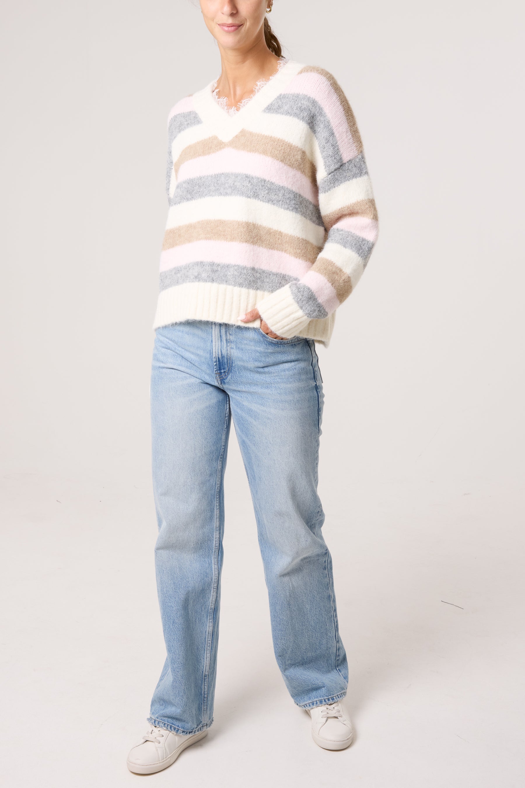 Striped Lace Trim V-Neck Jumper