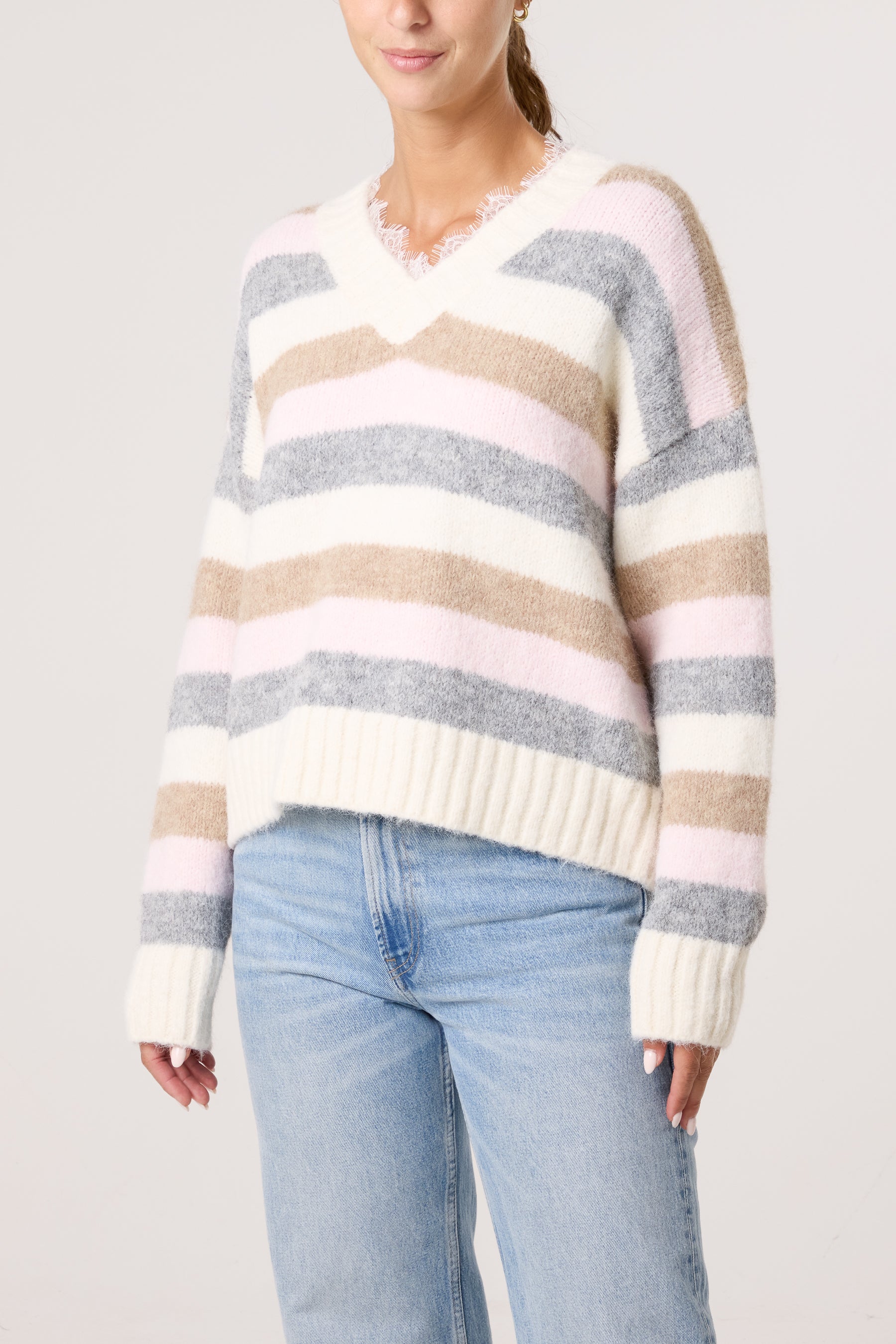 Striped Lace Trim V-Neck Jumper