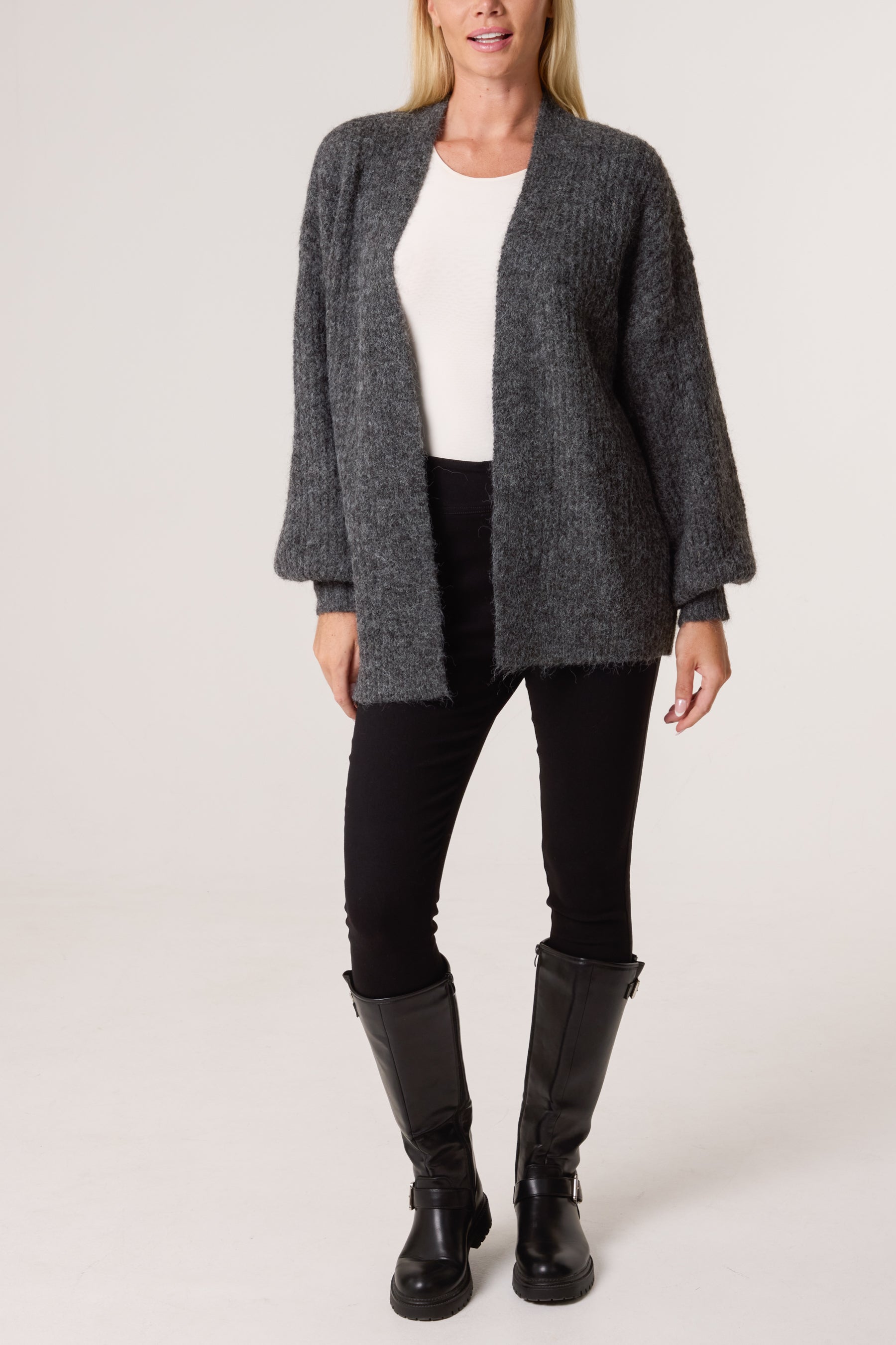 Wool Ribbed Knit Balloon Cardigan