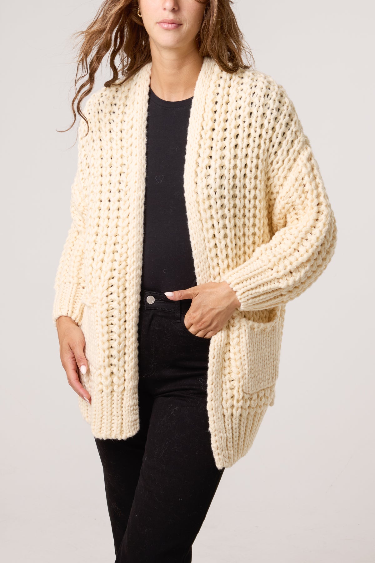 Thick Cable Knit Pockets Cardigan