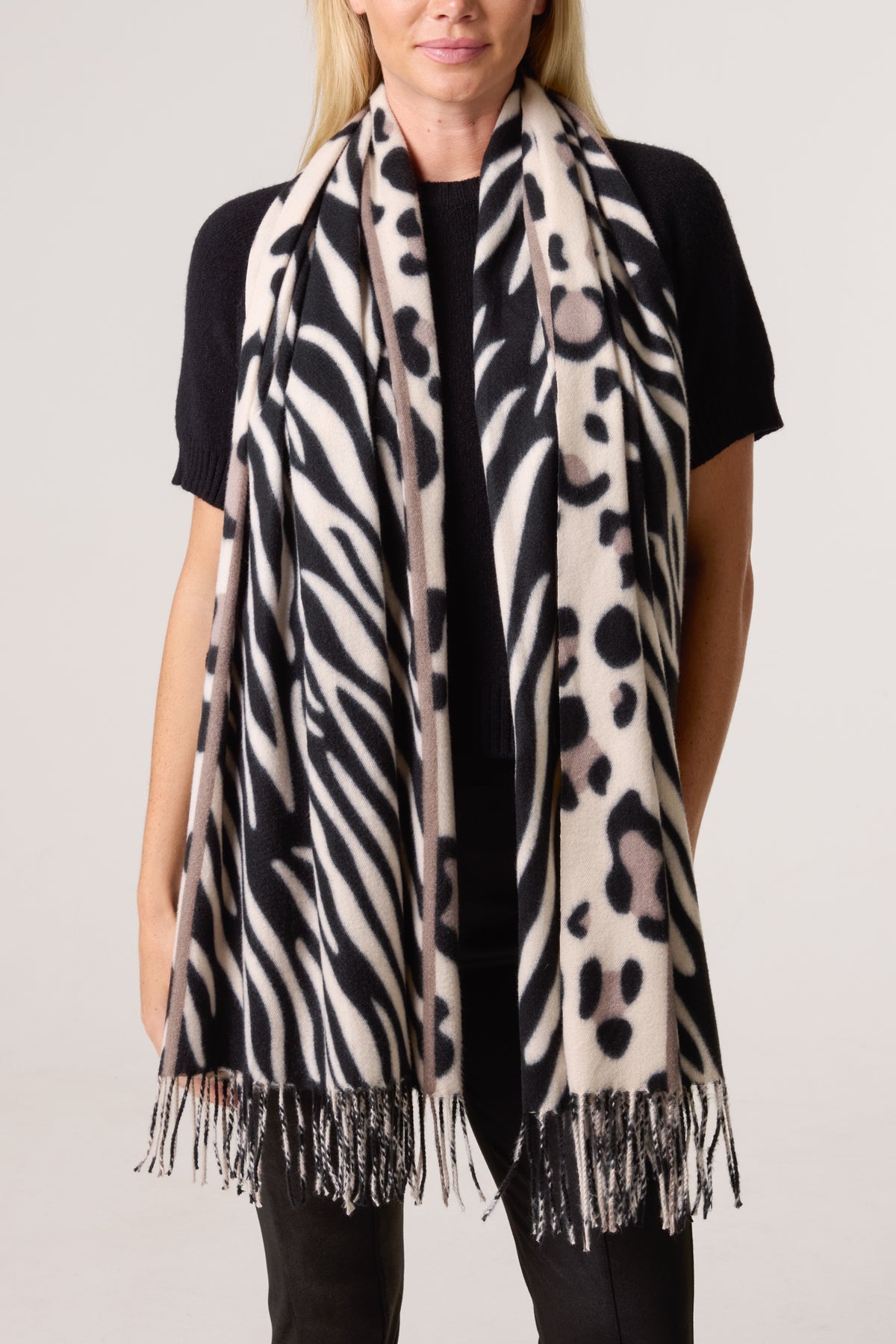 Zebra & Leopard Reversible Tassel Scarf