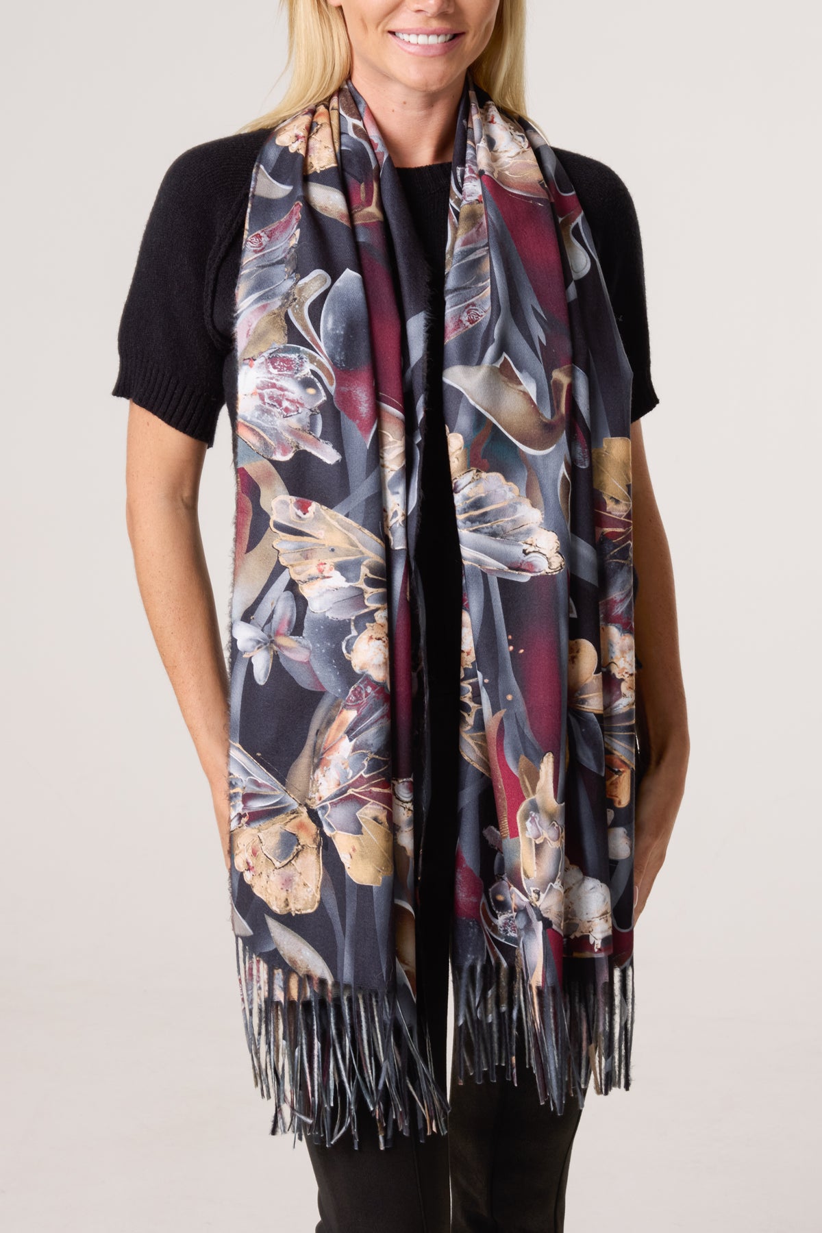 Colourful Butterfly Print Tassel Scarf