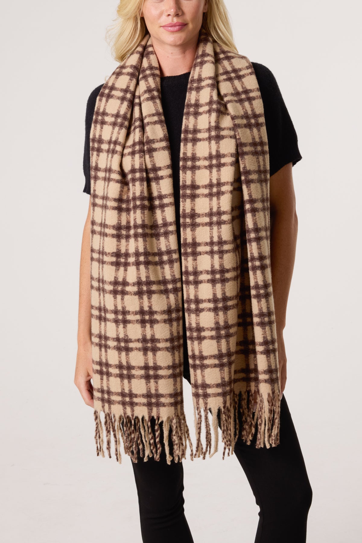 Check Soft Knit Tassel Scarf
