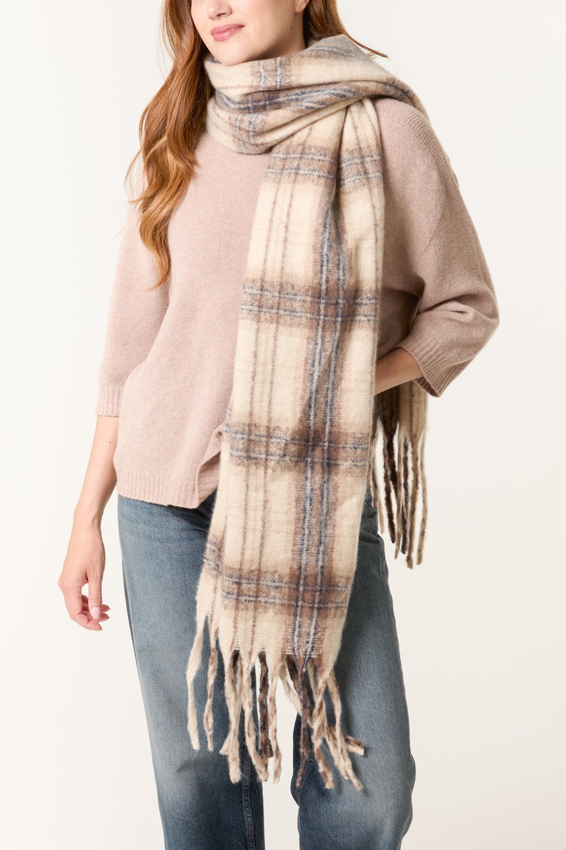 Fluffy Knit Tartan Tassel Scarf