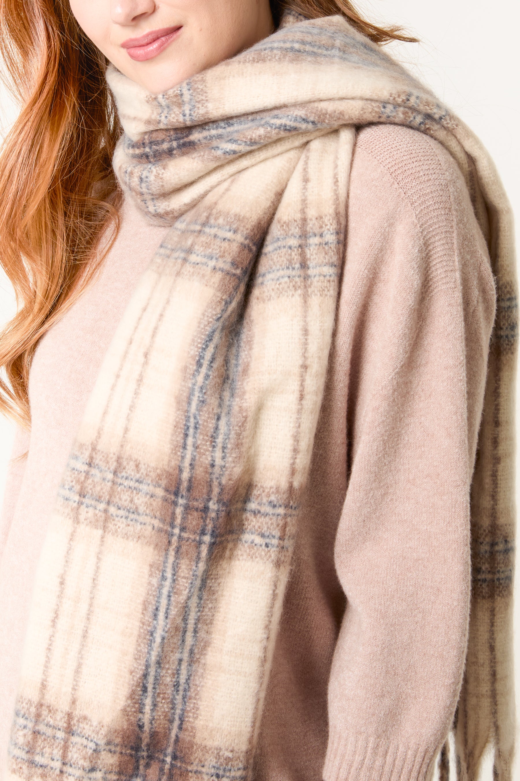 Fluffy Knit Tartan Tassel Scarf