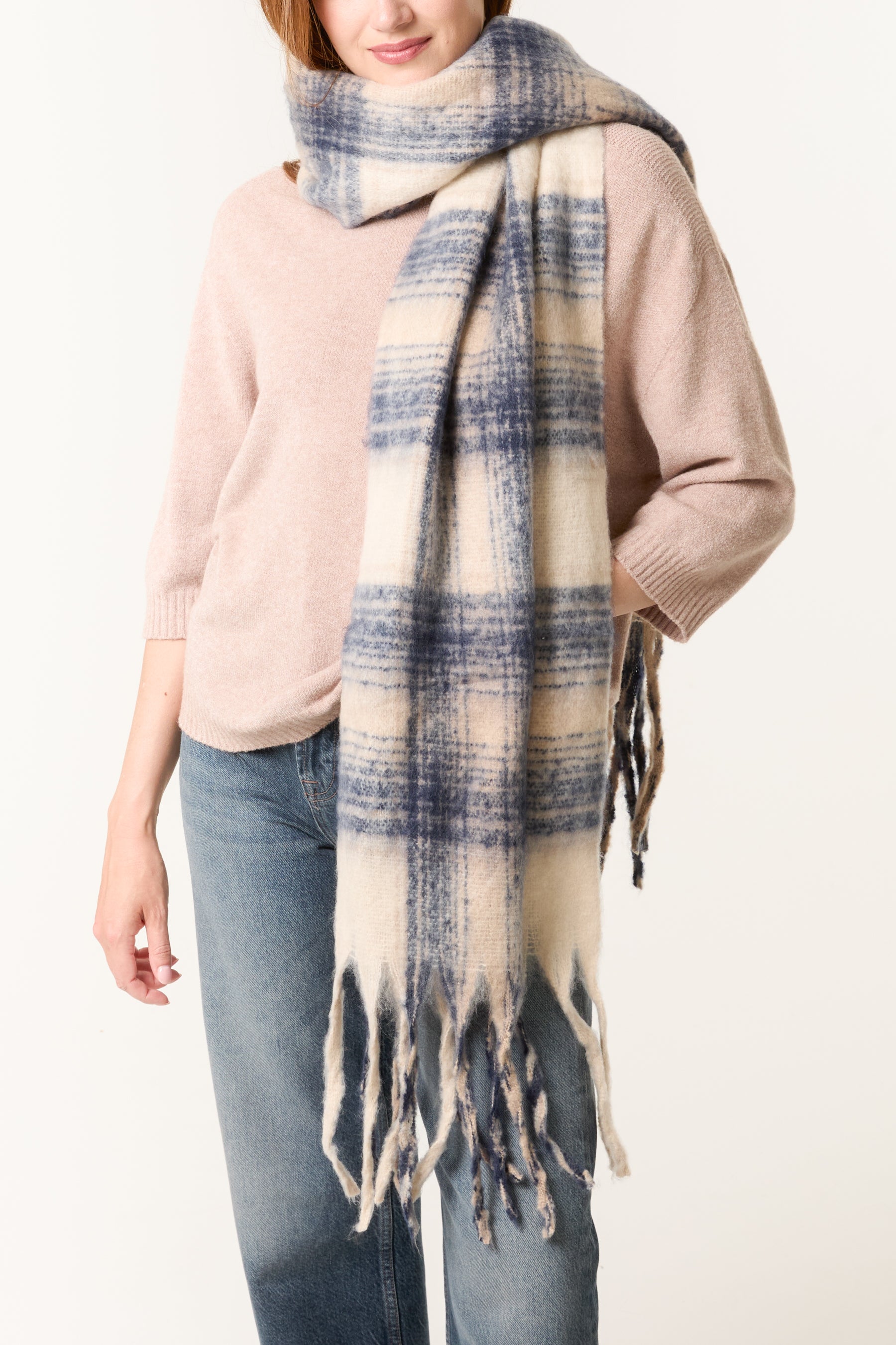 Fluffy Knit Tartan Tassel Scarf