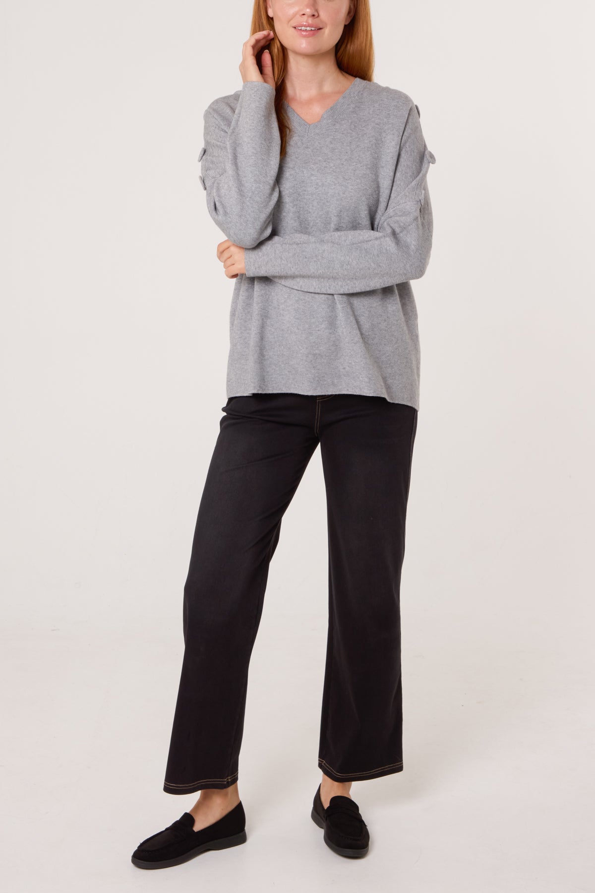 V-Neck Button Sleeve Knit Jumper