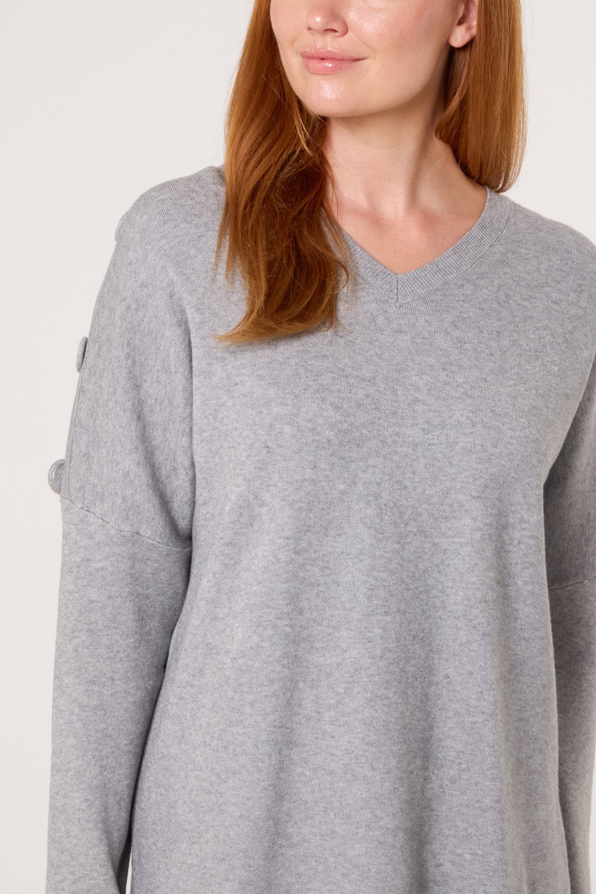 V-Neck Button Sleeve Knit Jumper