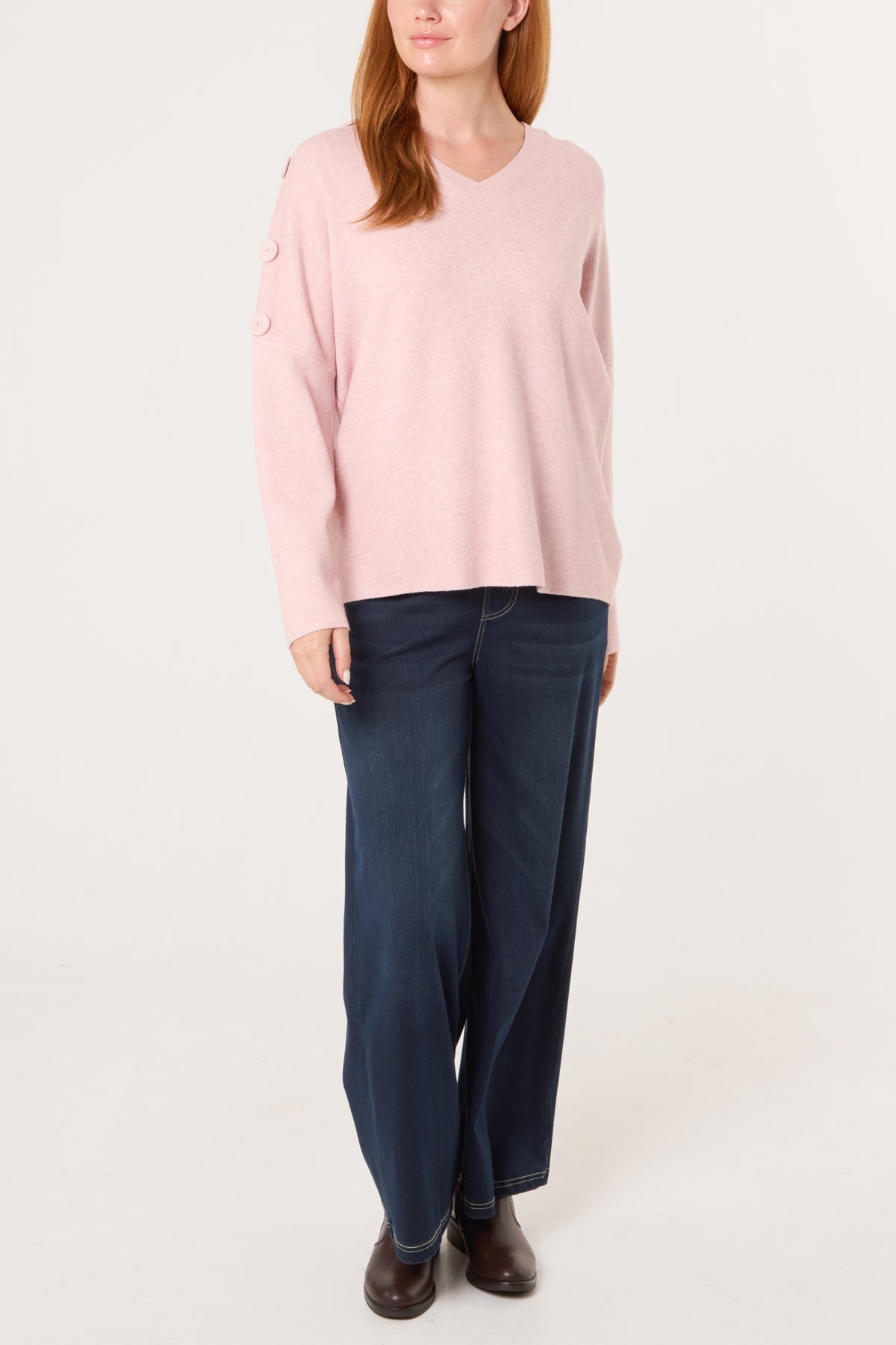 V-Neck Button Sleeve Knit Jumper