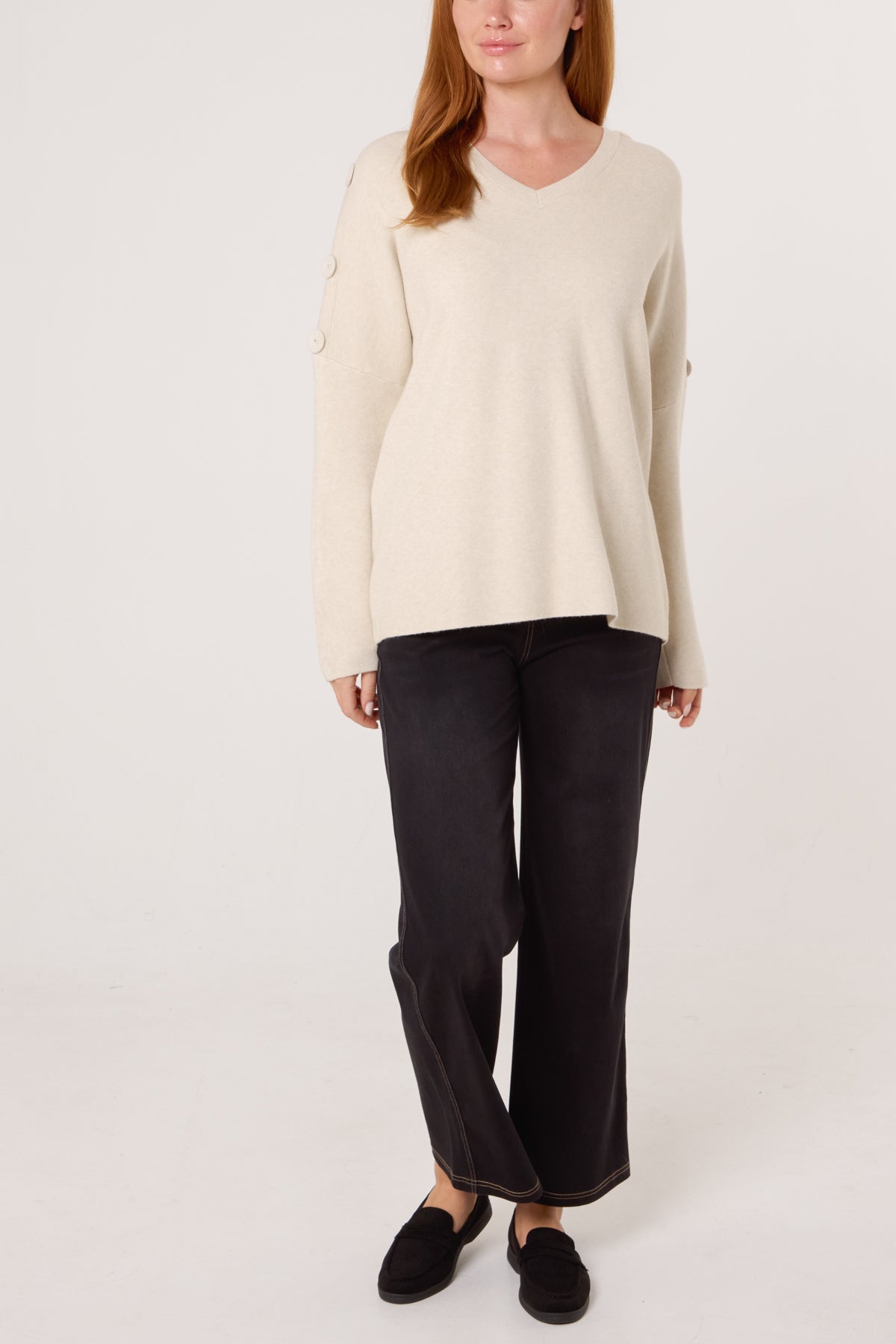 V-Neck Button Sleeve Knit Jumper