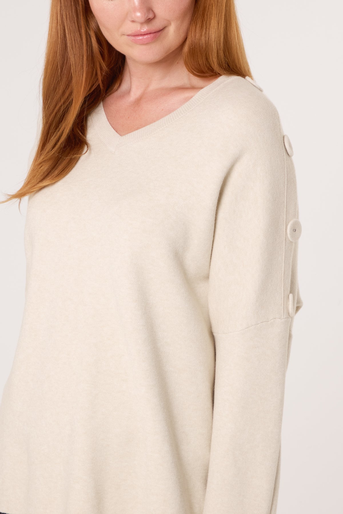 V-Neck Button Sleeve Knit Jumper