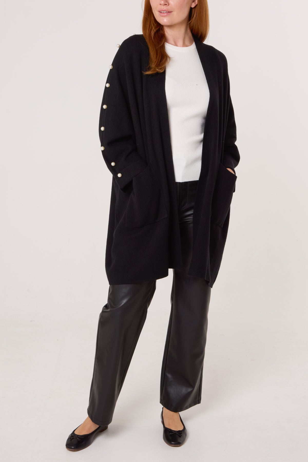 Pearl Sleeve Embellished Open Cardigan