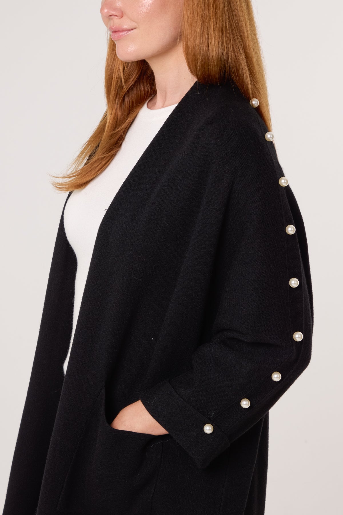 Pearl Sleeve Embellished Open Cardigan