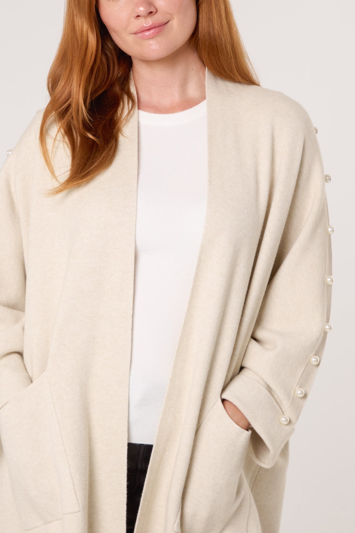 Pearl Sleeve Embellished Open Cardigan