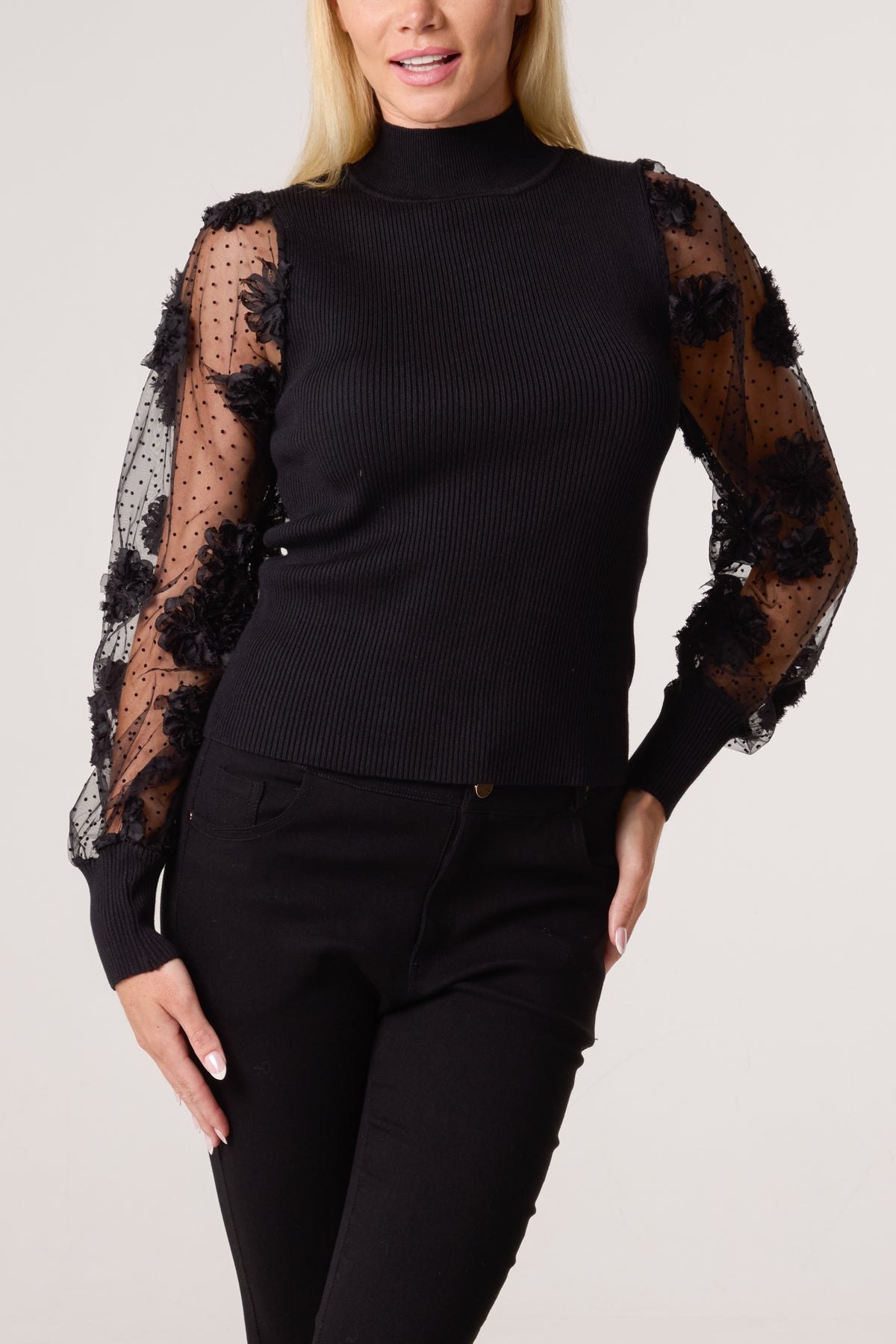 Mesh Flower Sleeve Turtle Neck Jumper