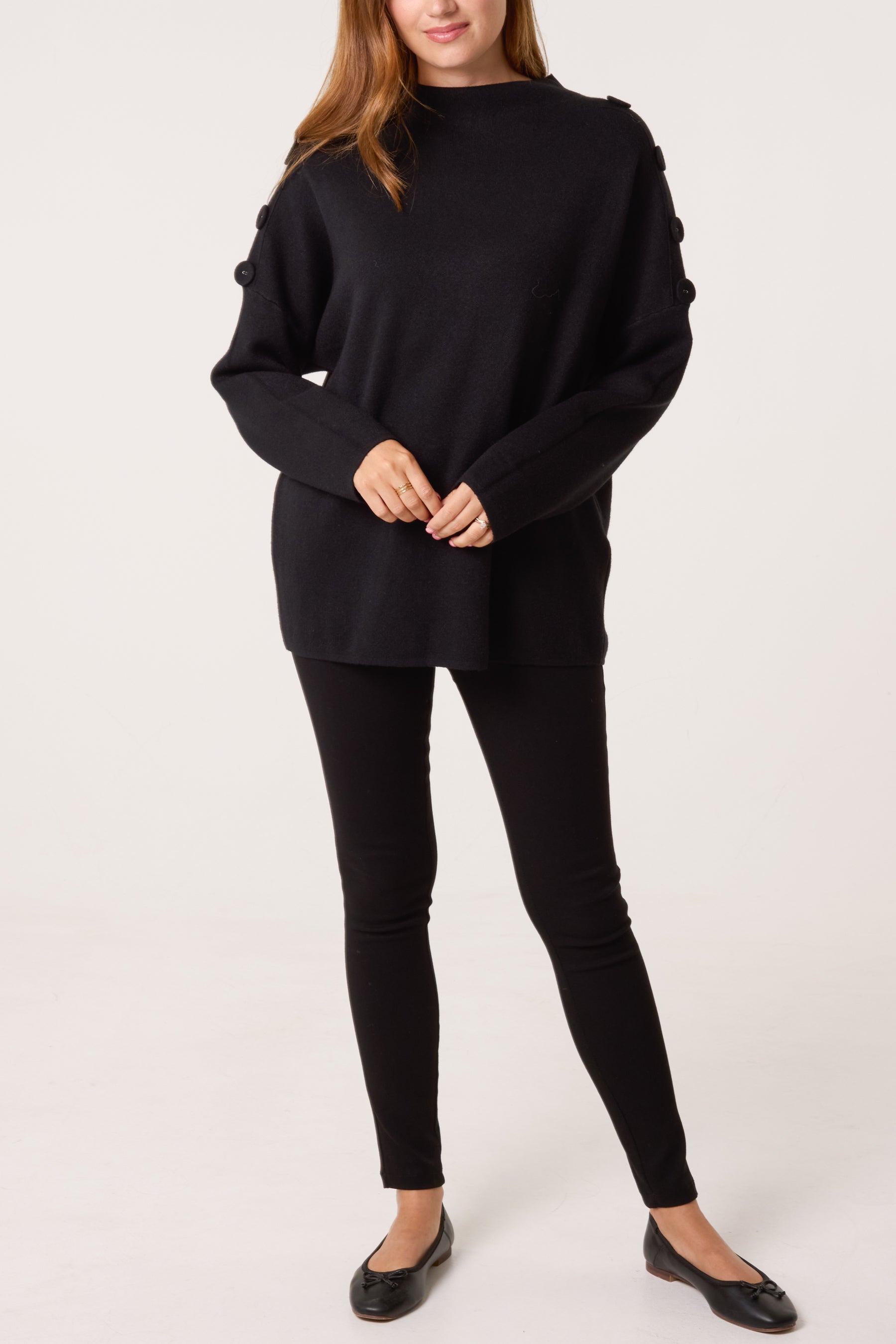 Button Shoulder High Neck Jumper