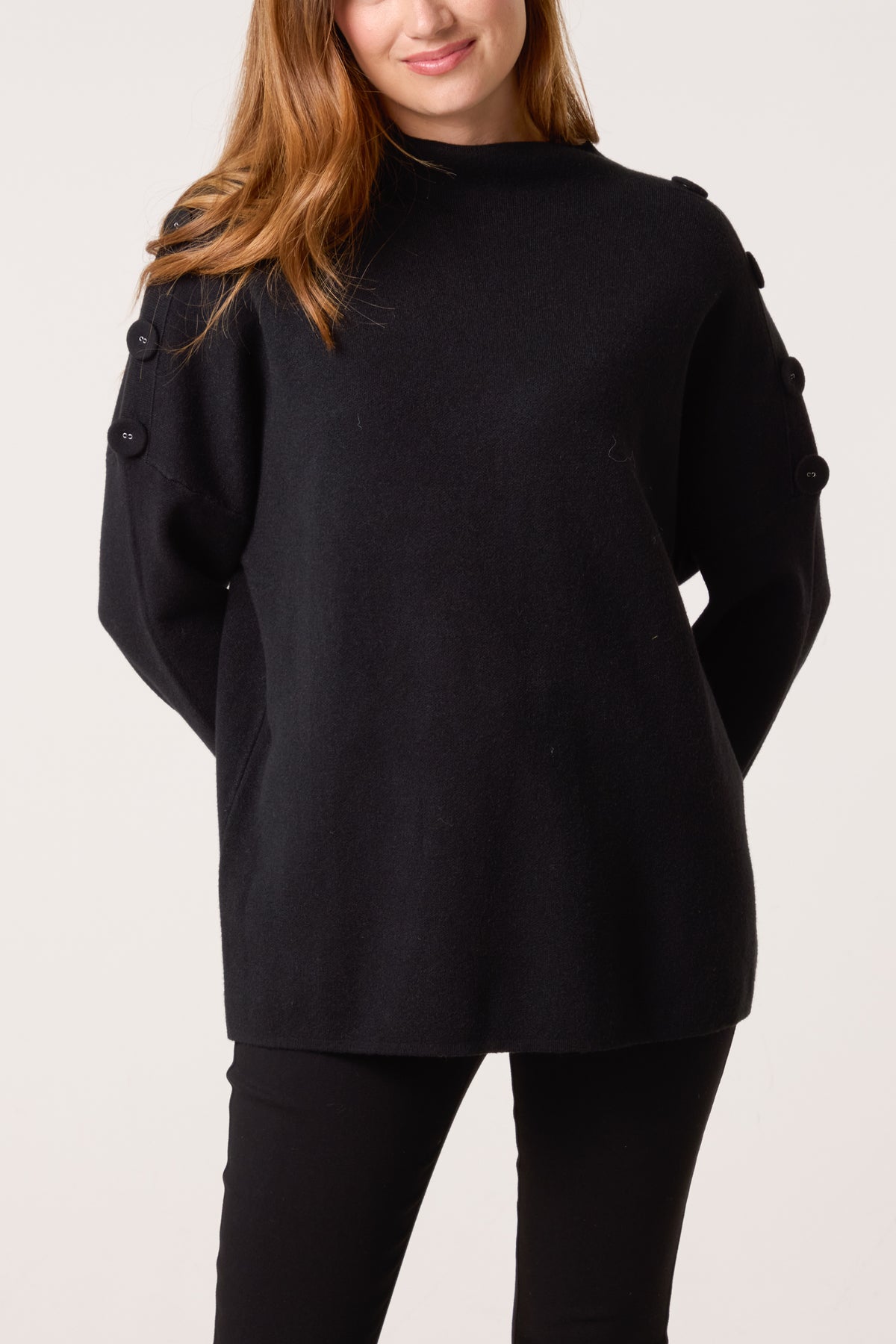 Button Shoulder High Neck Jumper