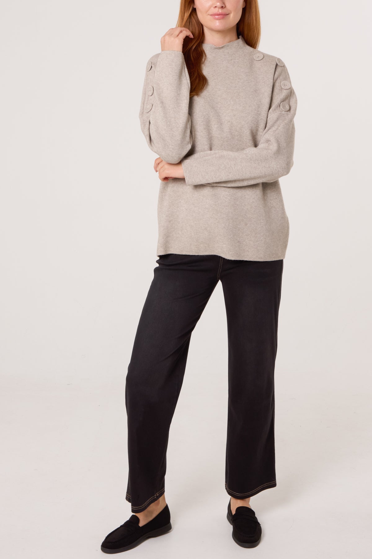 Button Shoulder High Neck Jumper