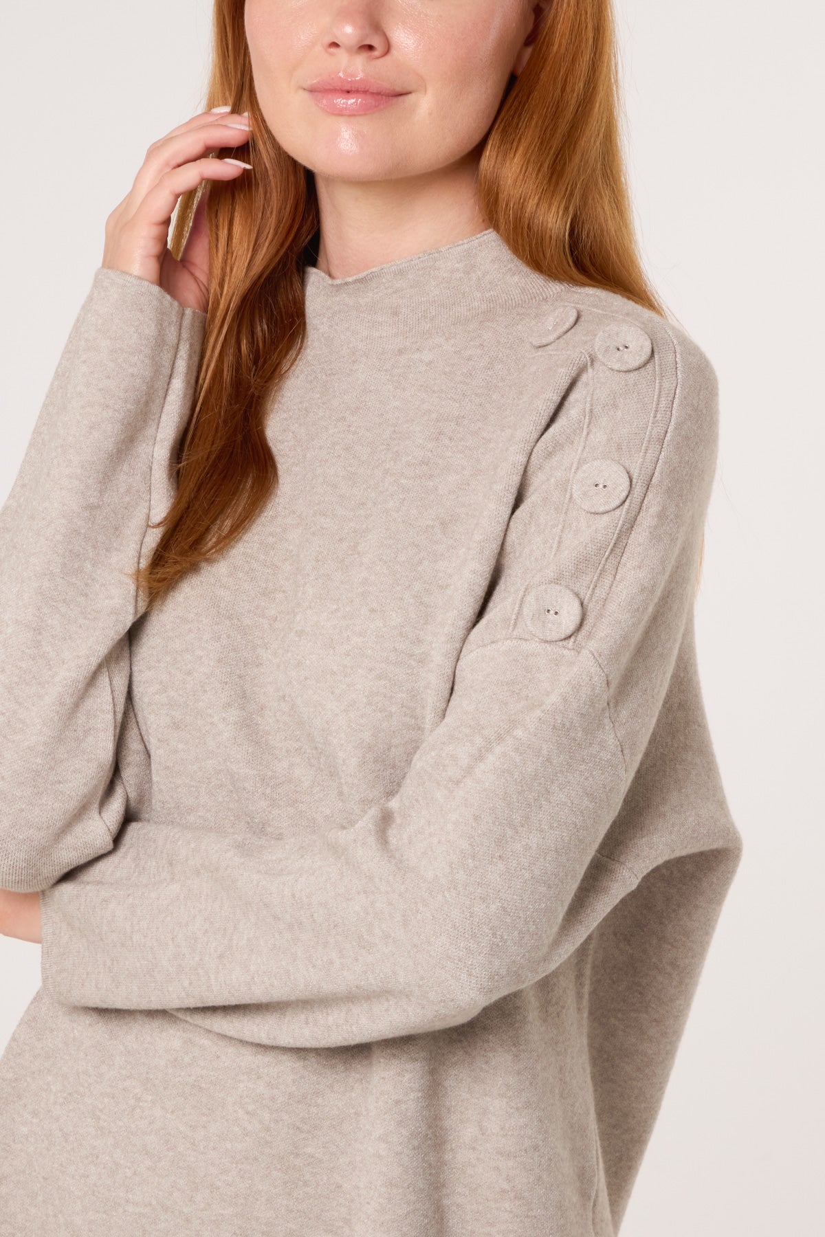 Button Shoulder High Neck Jumper