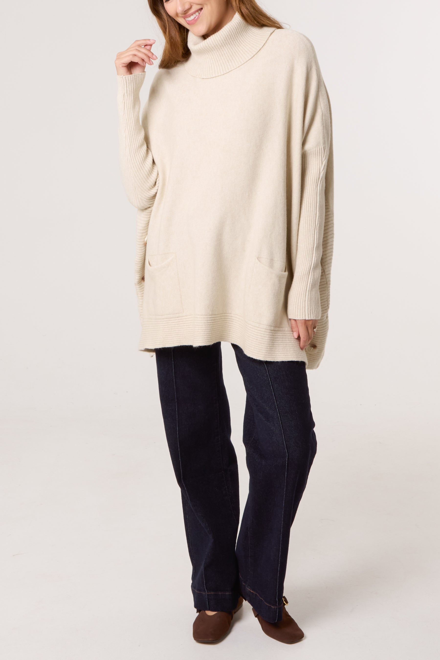 Side Buttons Roll Neck Knit Jumper