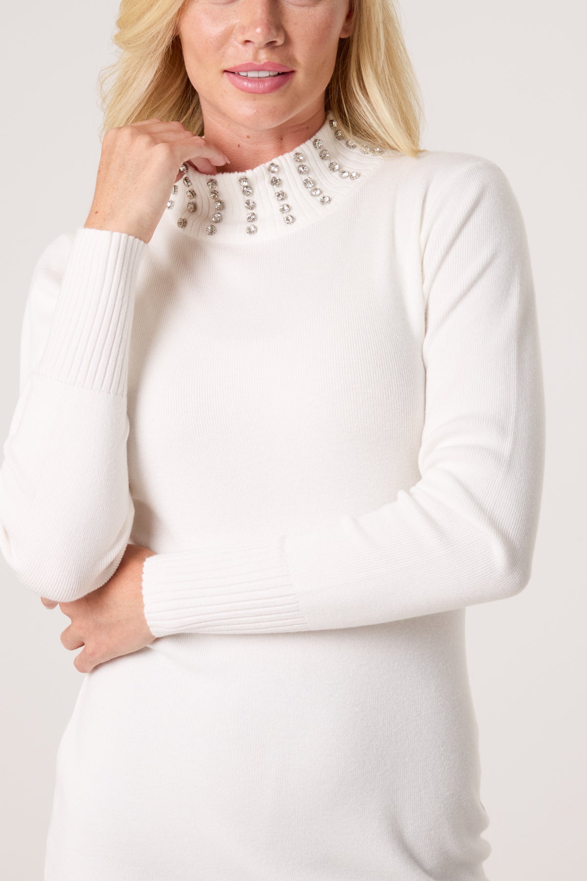High Diamante Collar Jumper Dress