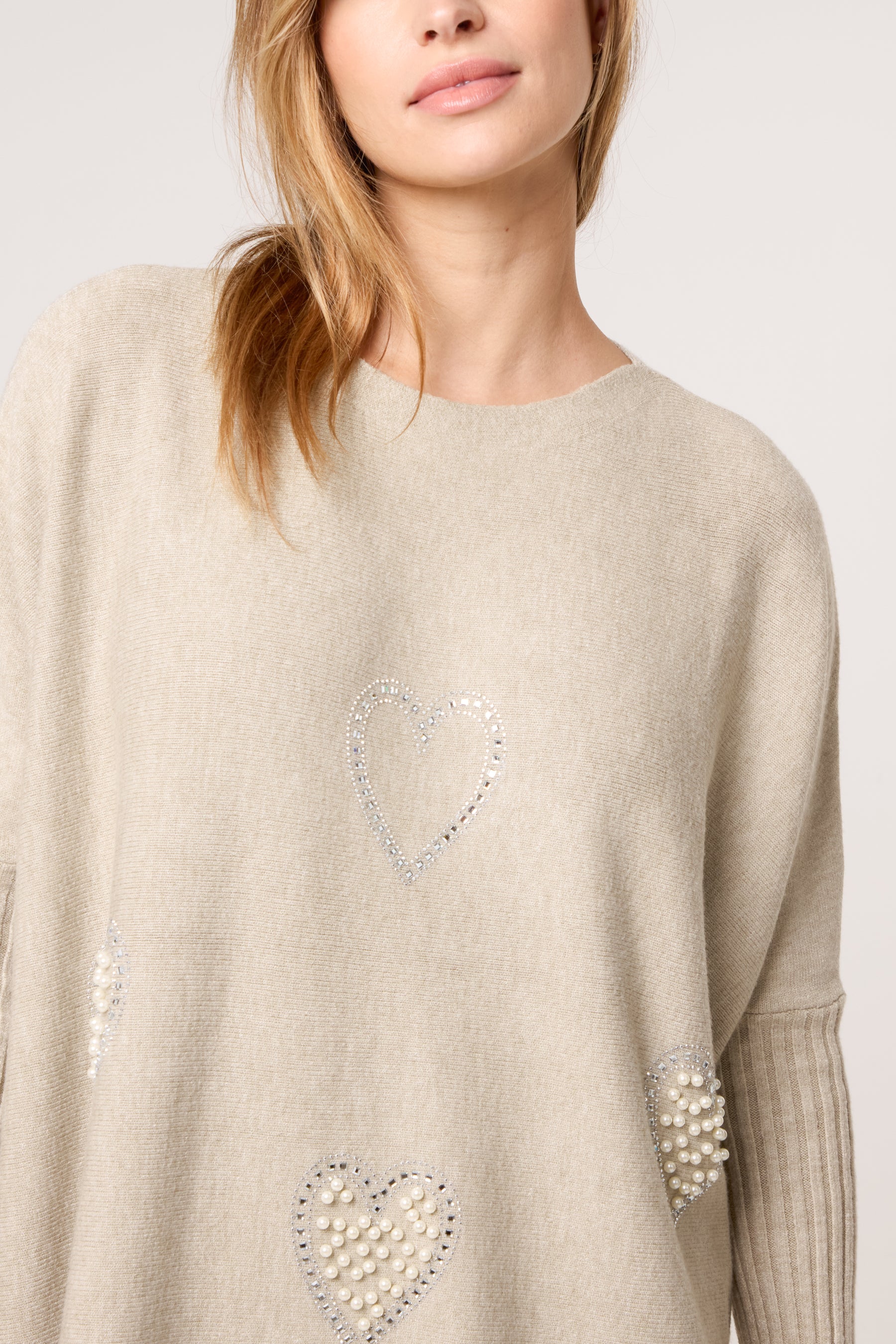 Embellished Hearts Batwing Knit Jumper
