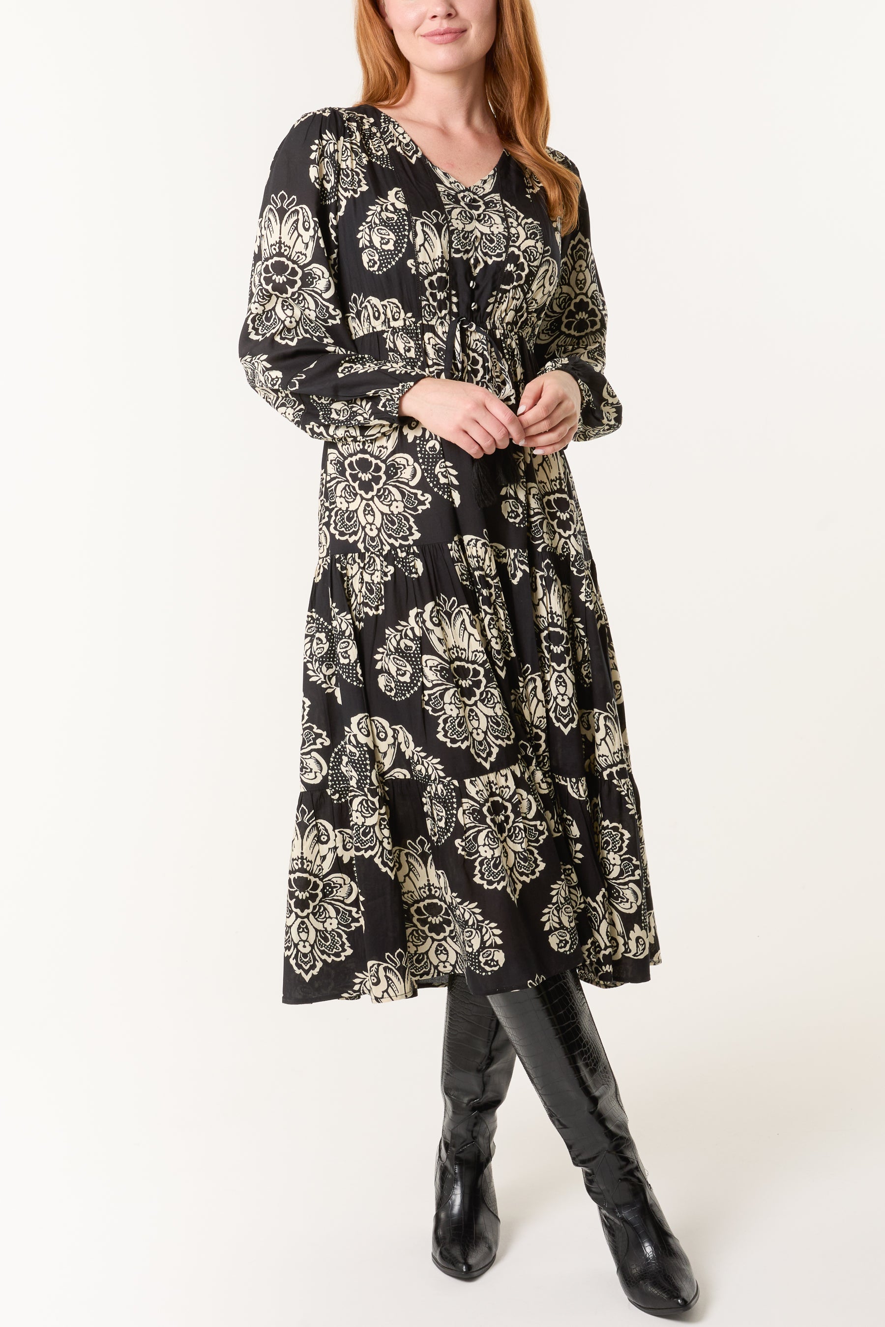 Floral Print Button & Tassel Midi Dress