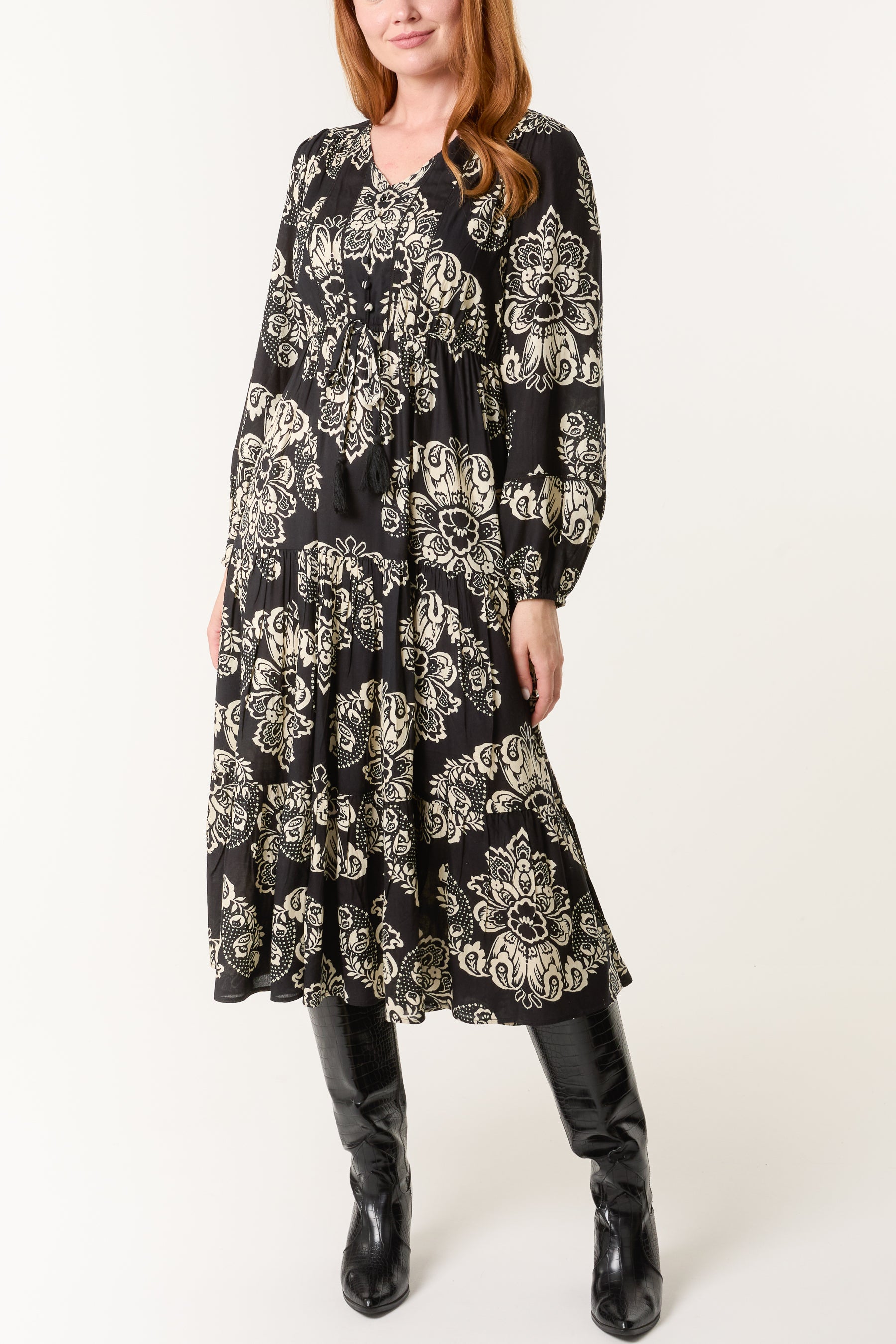 Floral Print Button & Tassel Midi Dress