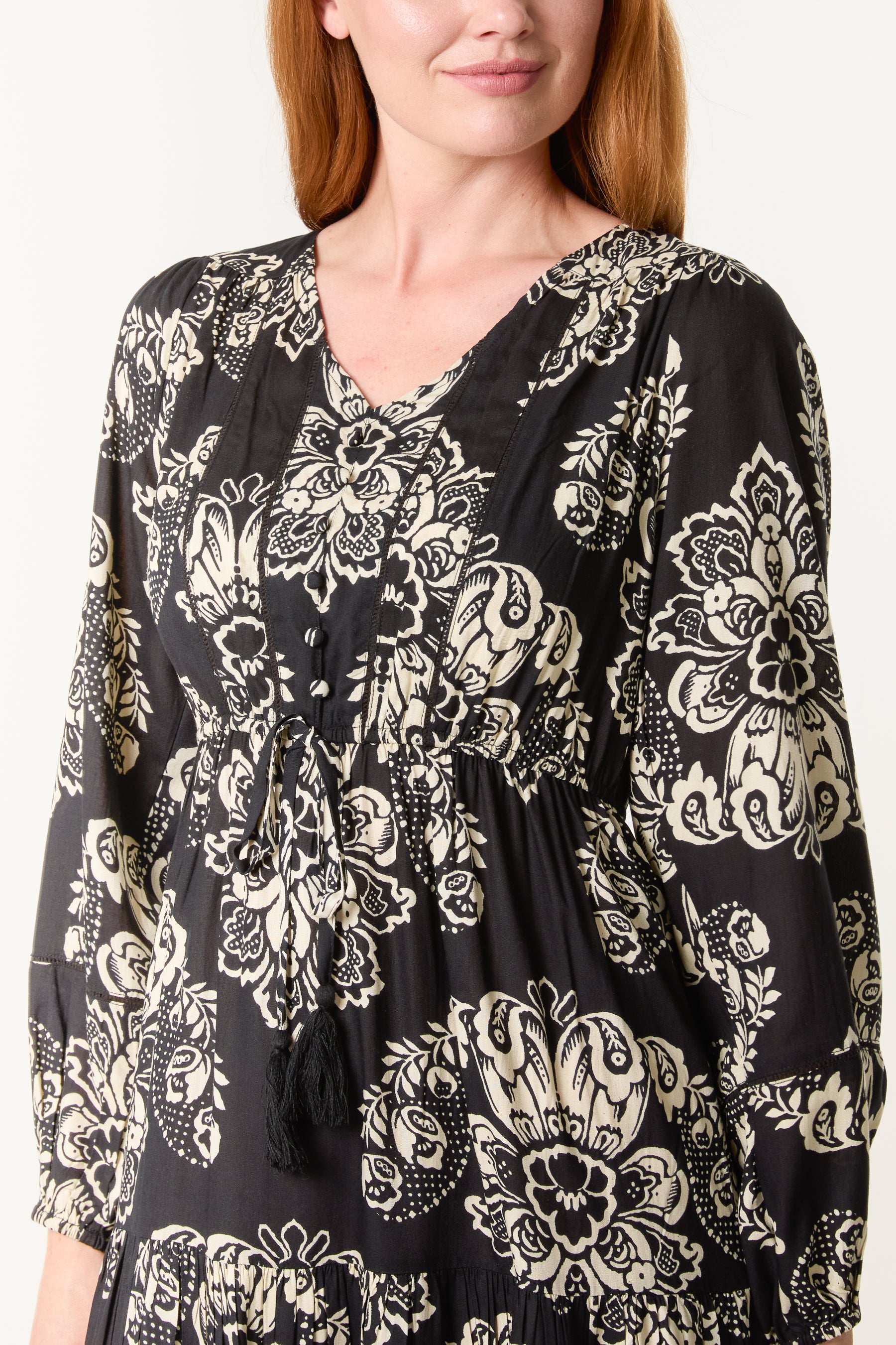 Floral Print Button & Tassel Midi Dress