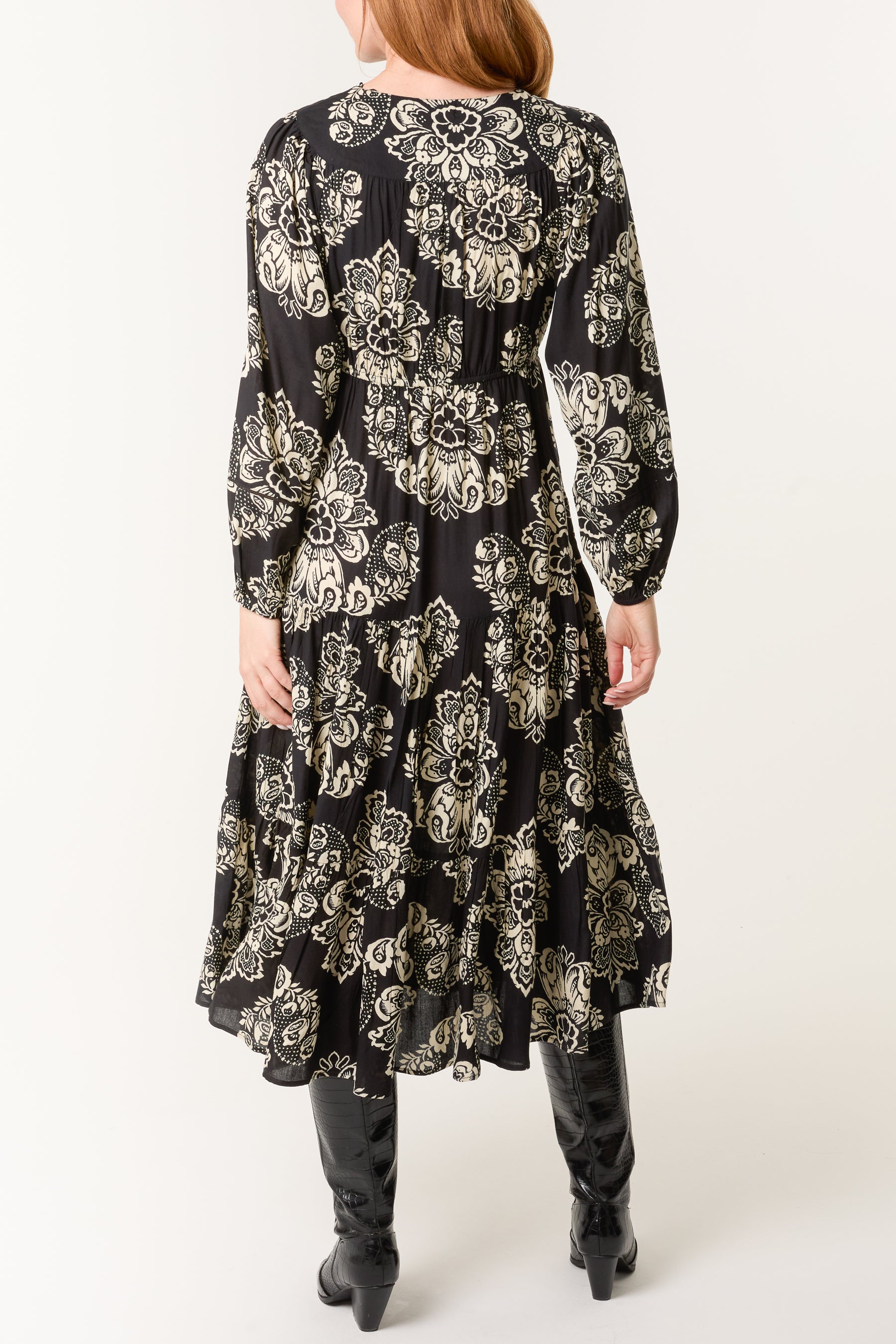 Floral Print Button & Tassel Midi Dress