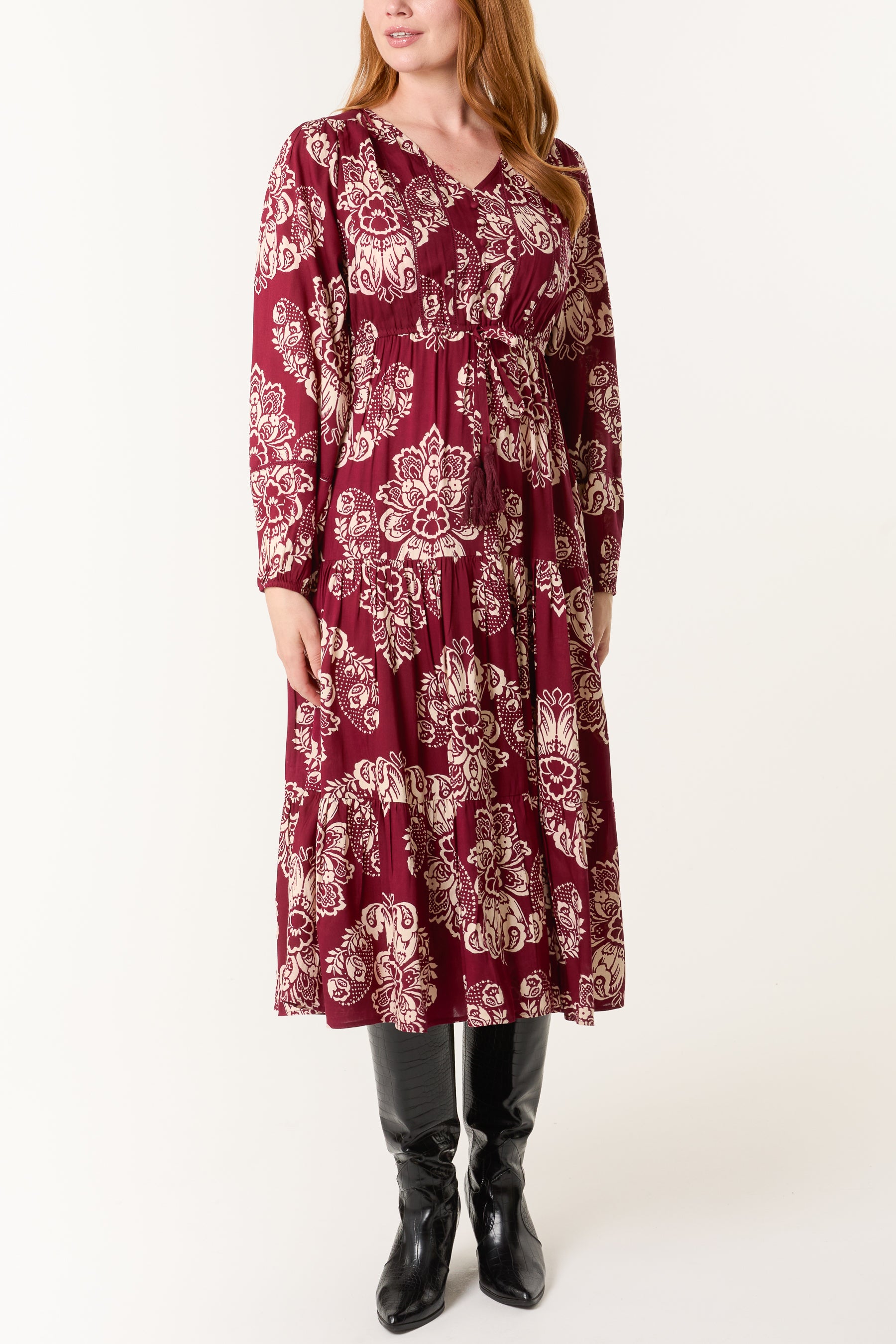 Floral Print Button & Tassel Midi Dress