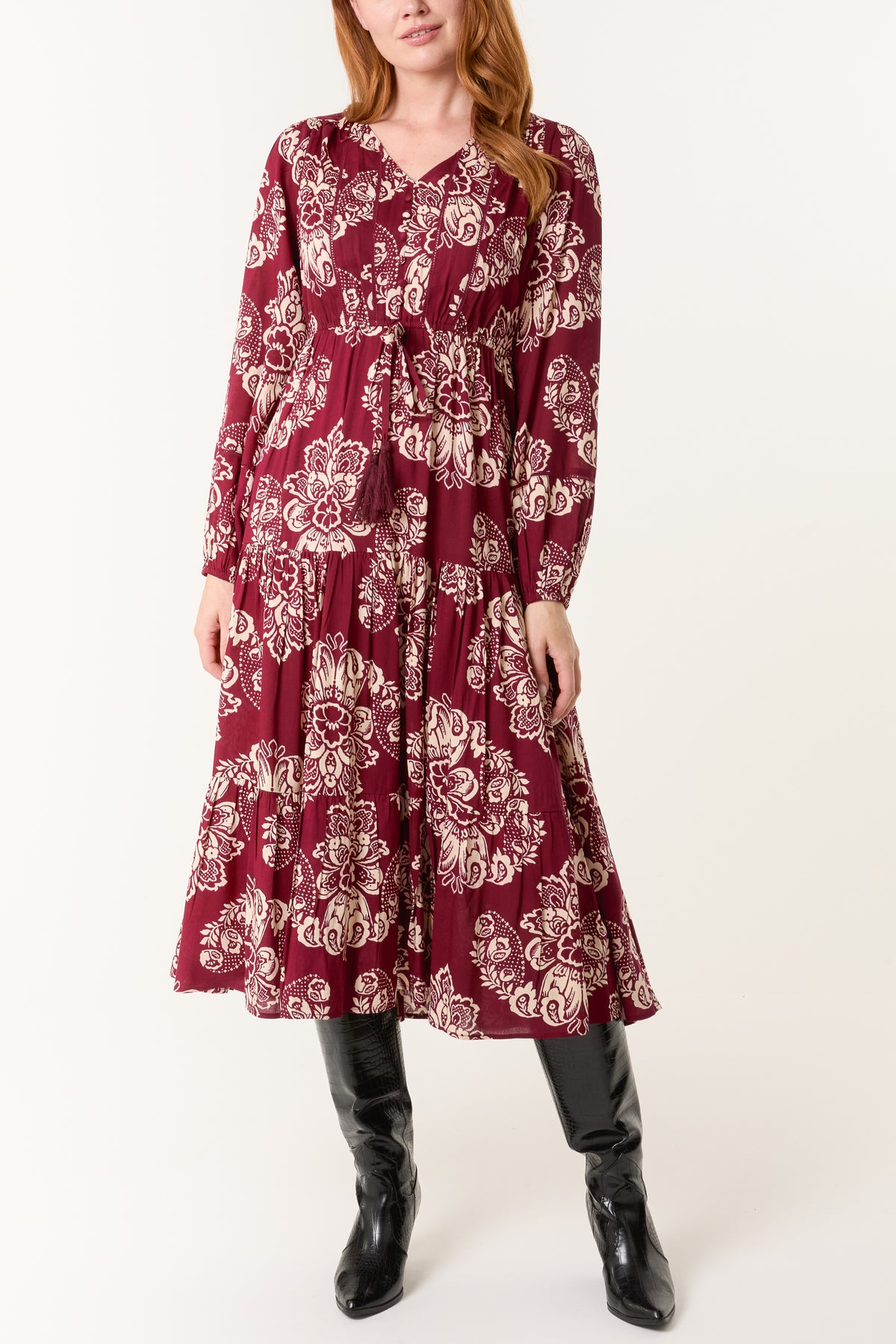 Floral Print Button & Tassel Midi Dress