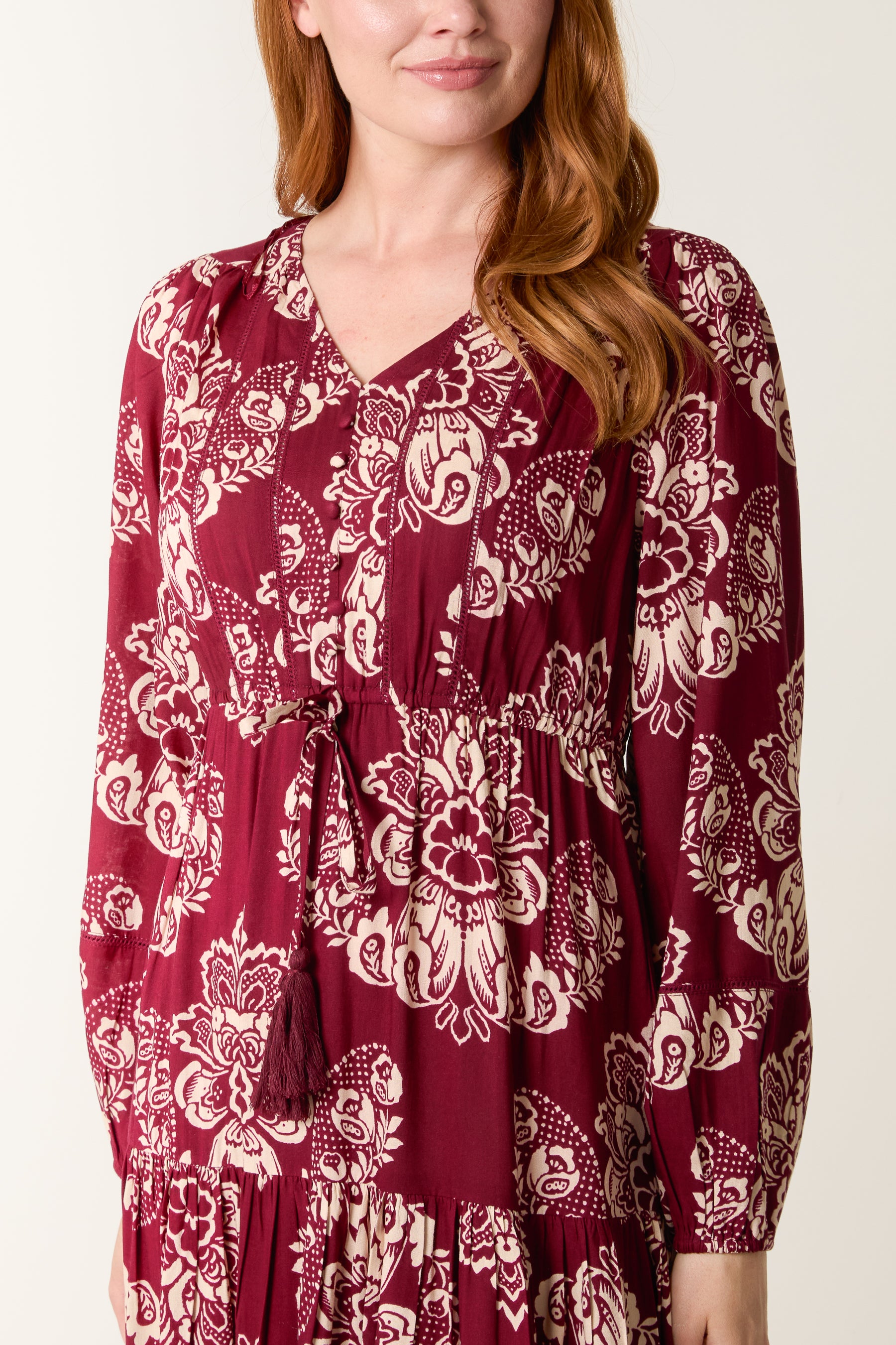 Floral Print Button & Tassel Midi Dress
