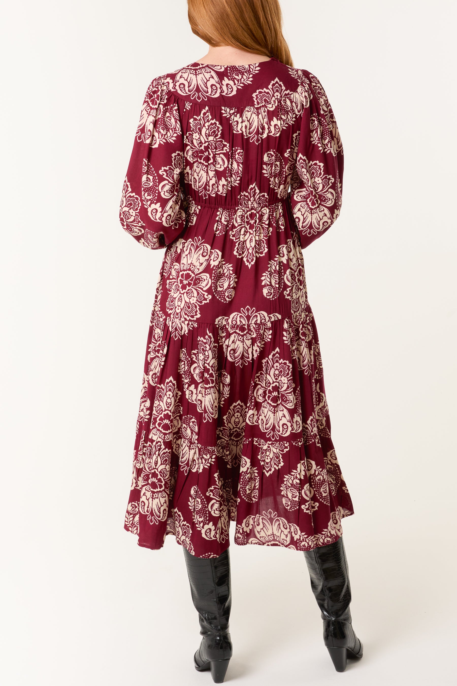 Floral Print Button & Tassel Midi Dress