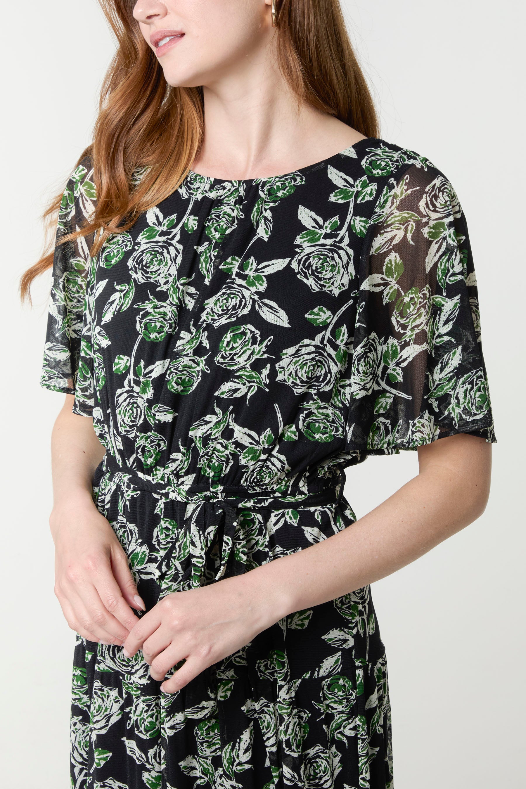 Floral Round Neck Mesh Midi Dress