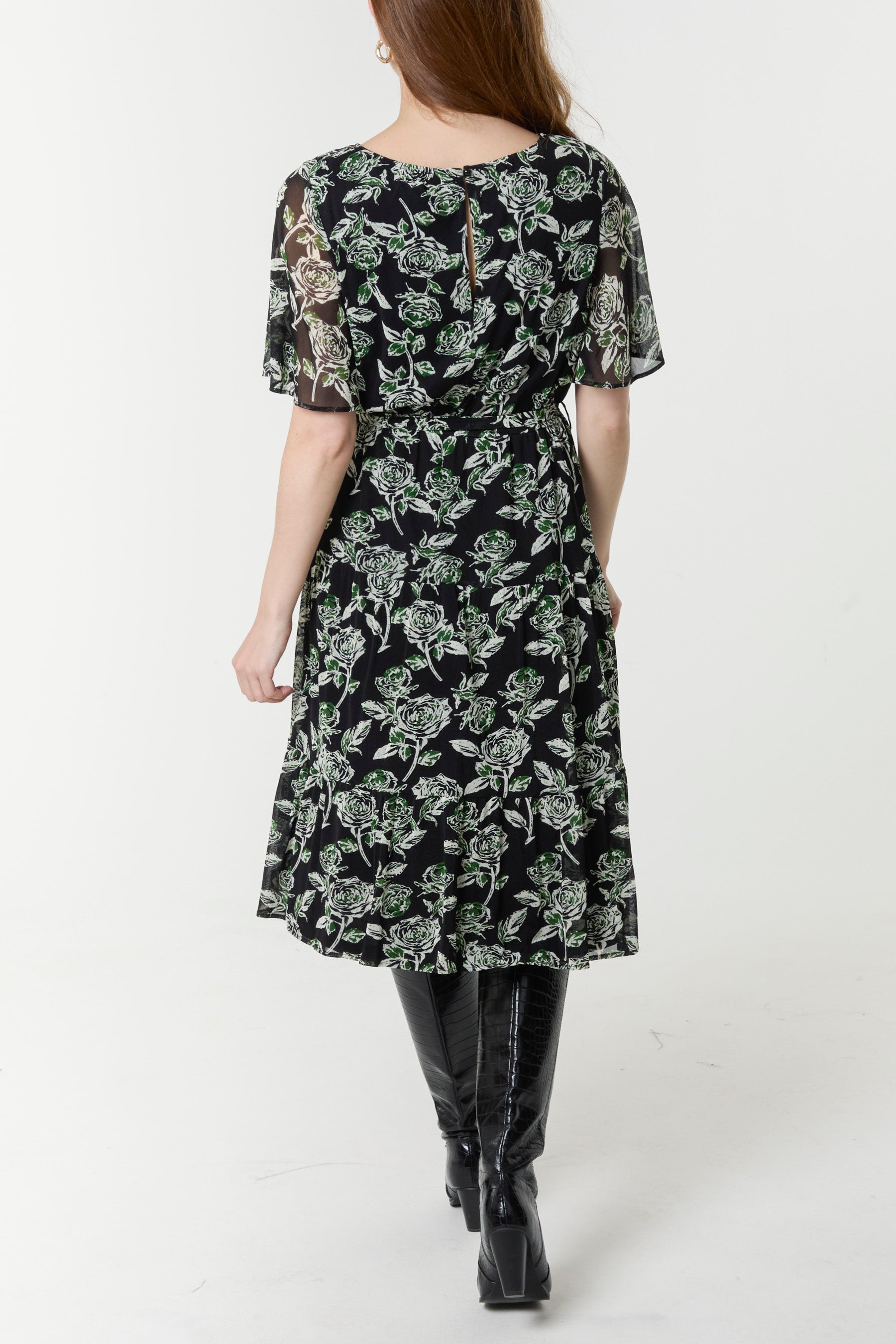 Floral Round Neck Mesh Midi Dress